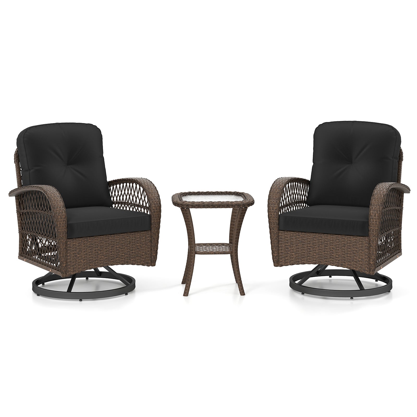 3 Piece Patio Swivel Rocker Set with Tempered Glass Side Table and Thick Cushions