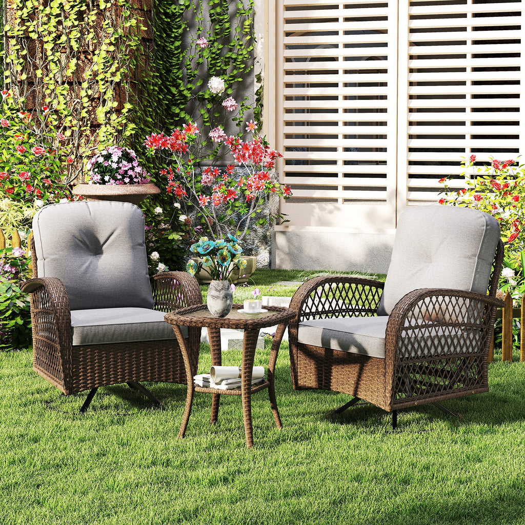 3 Piece Patio Swivel Rocker Set with Tempered Glass Side Table and Thick Cushions