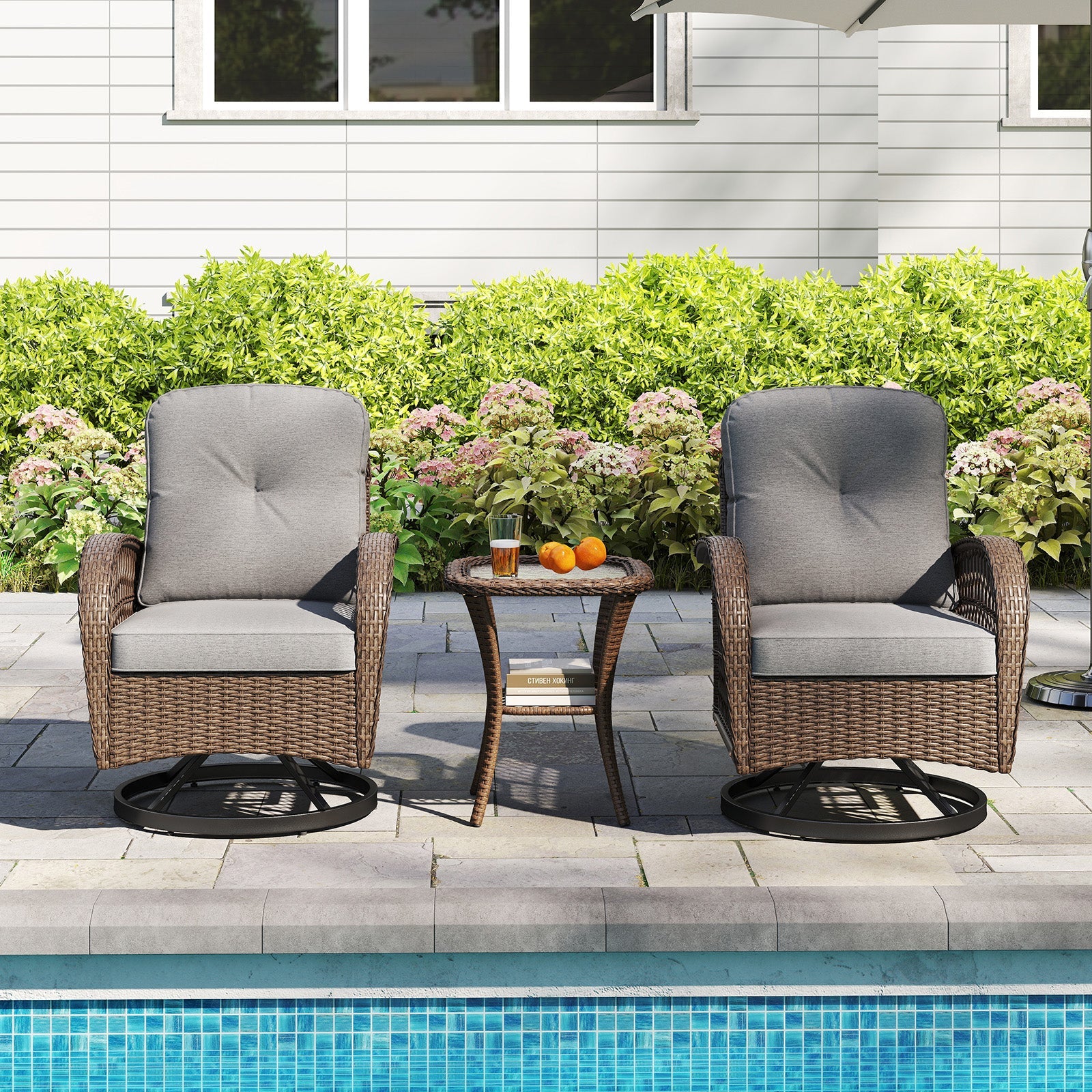 3 Piece Patio Swivel Rocker Set with Tempered Glass Side Table and Thick Cushions