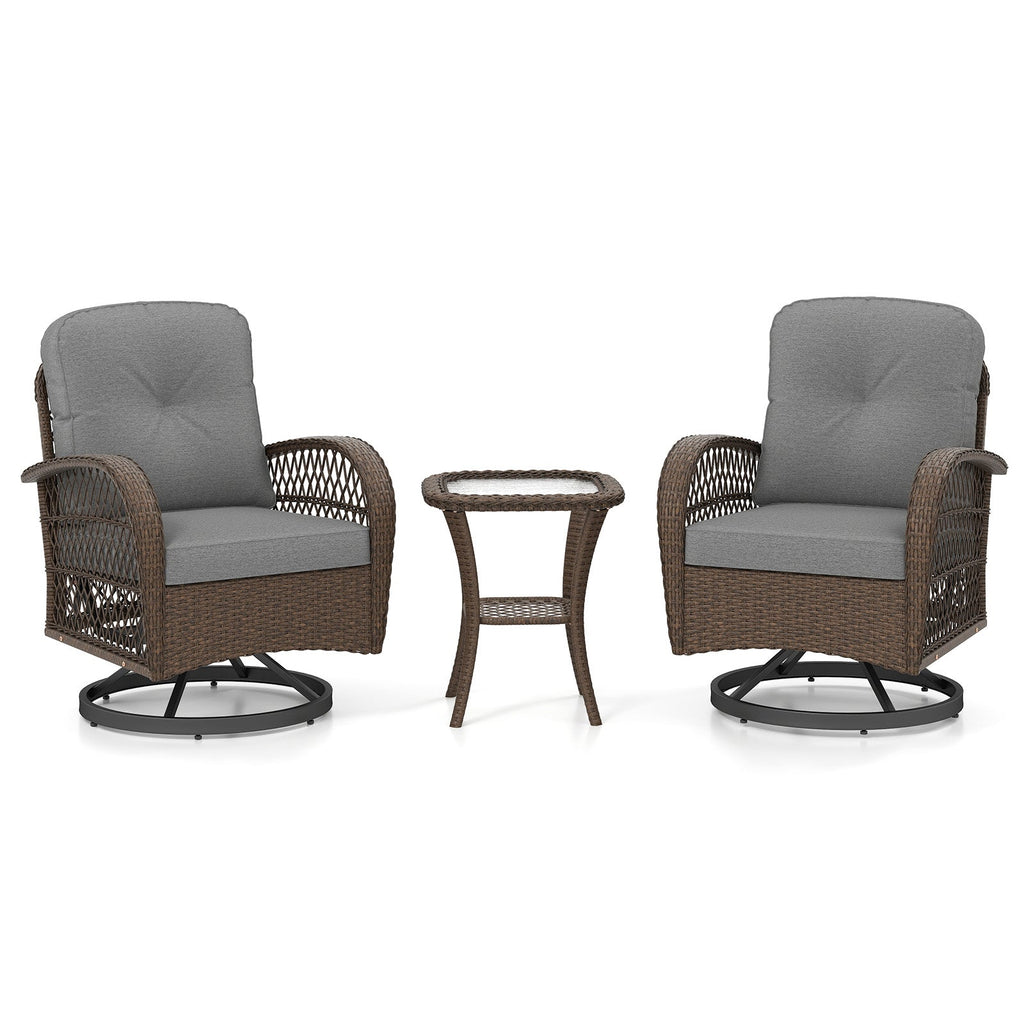 3 Piece Patio Swivel Rocker Set with Tempered Glass Side Table and Thick Cushions
