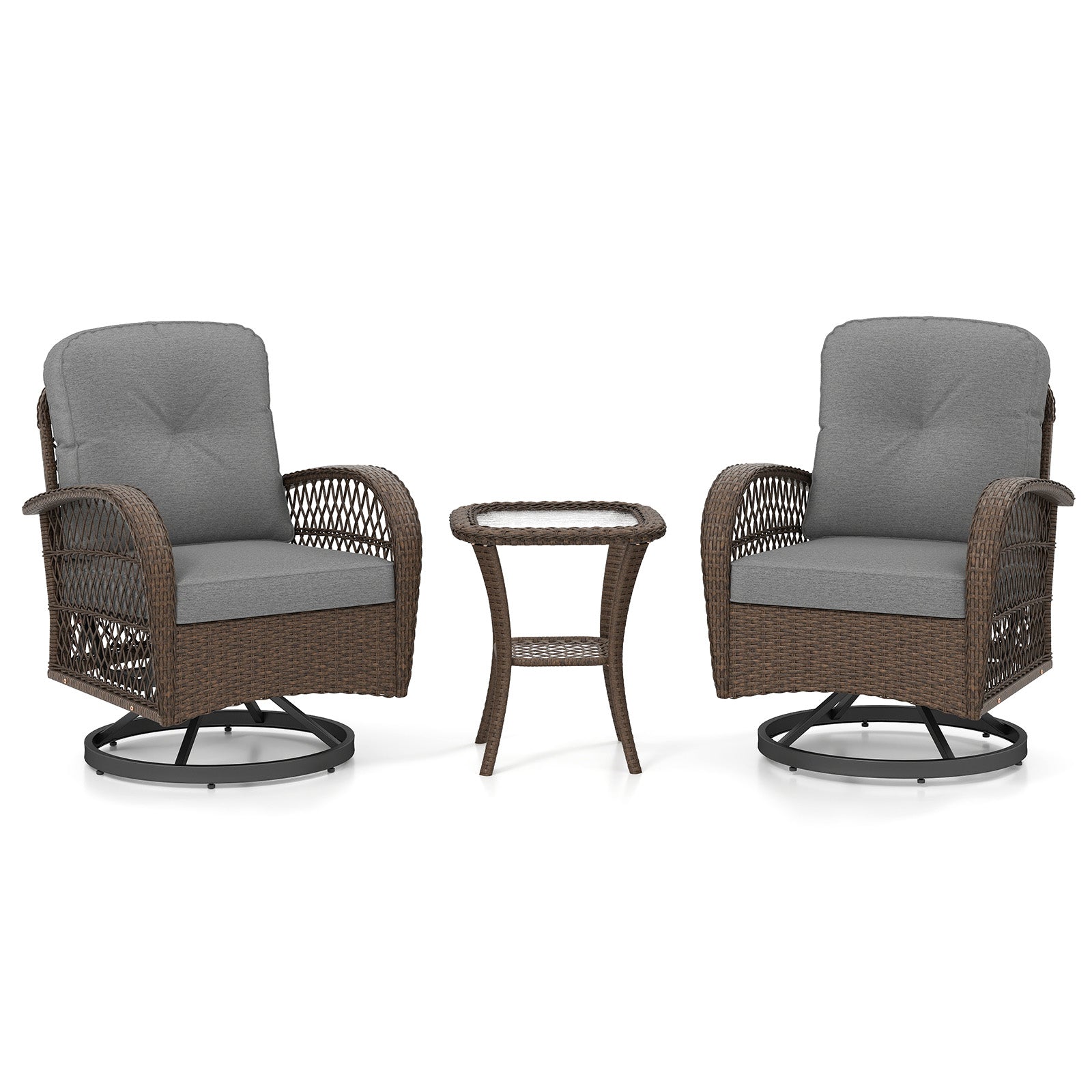 3 Piece Patio Swivel Rocker Set with Tempered Glass Side Table and Thick Cushions