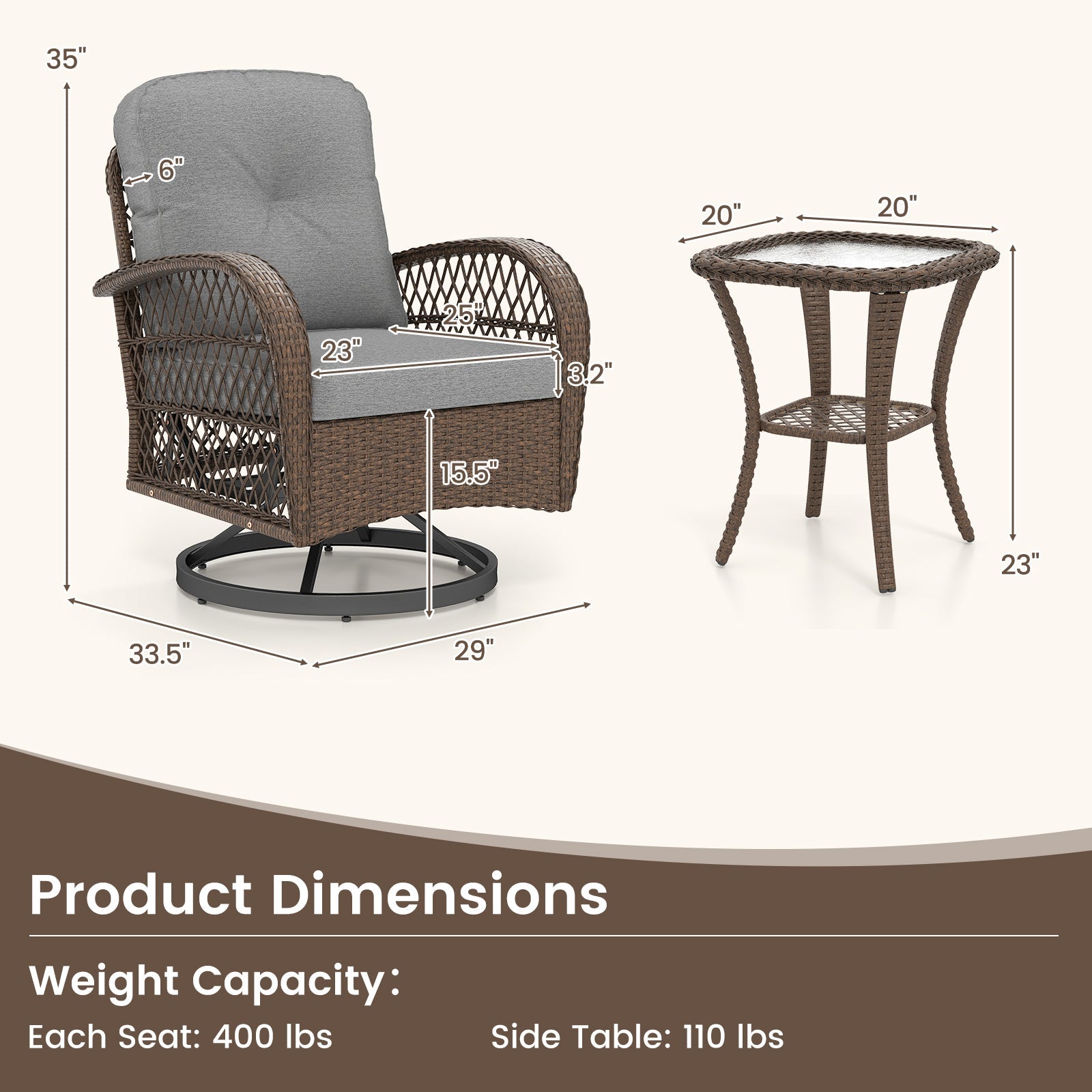 3 Piece Patio Swivel Rocker Set with Tempered Glass Side Table and Thick Cushions
