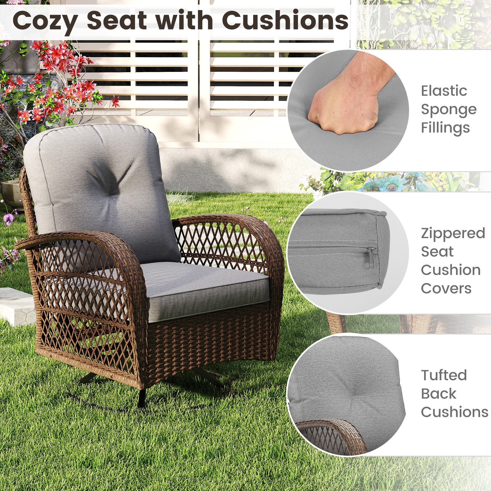 3 Piece Patio Swivel Rocker Set with Tempered Glass Side Table and Thick Cushions