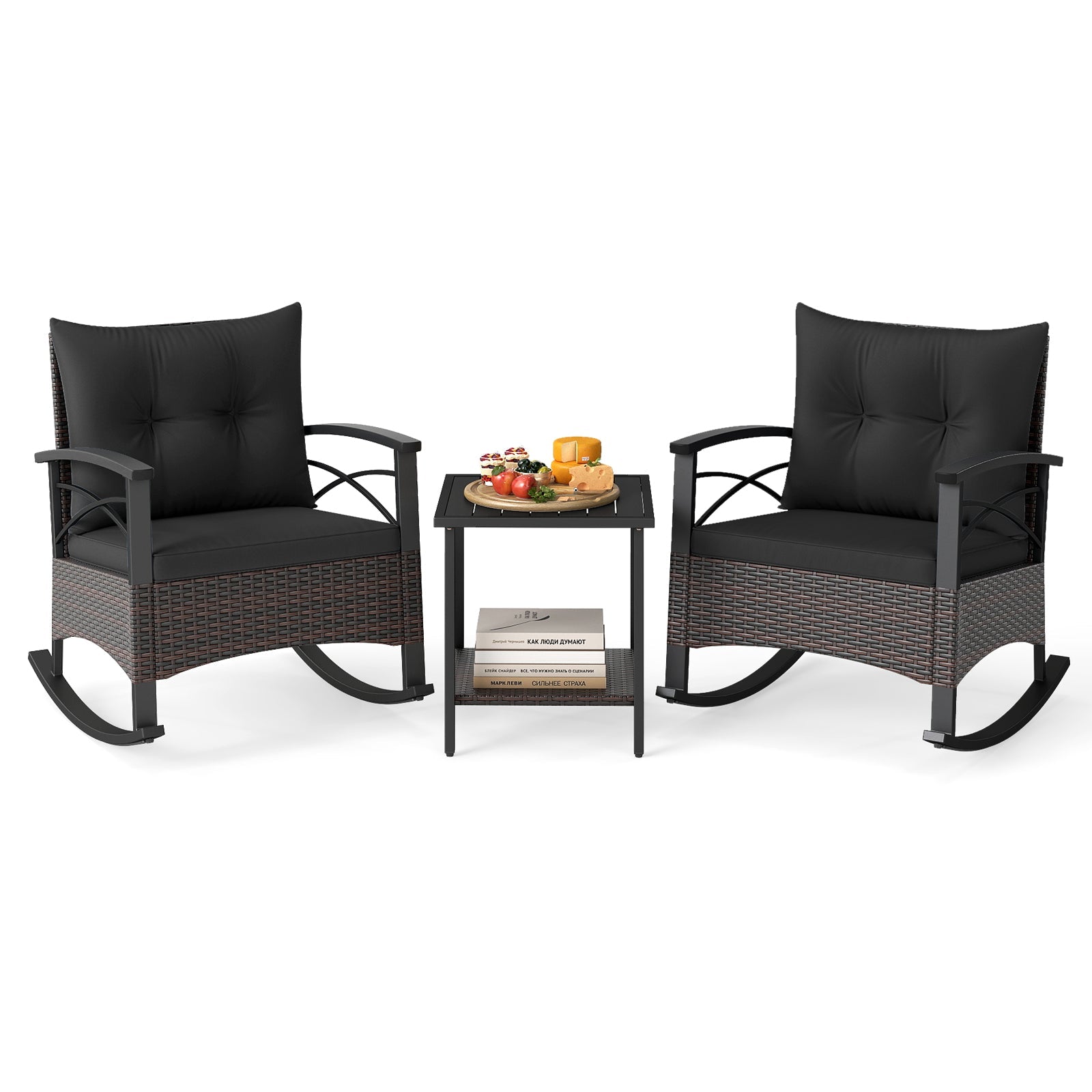 3 Piece Rocking Bistro Set PE Rattan Rocker Chairs with Acacia Wood Top Table