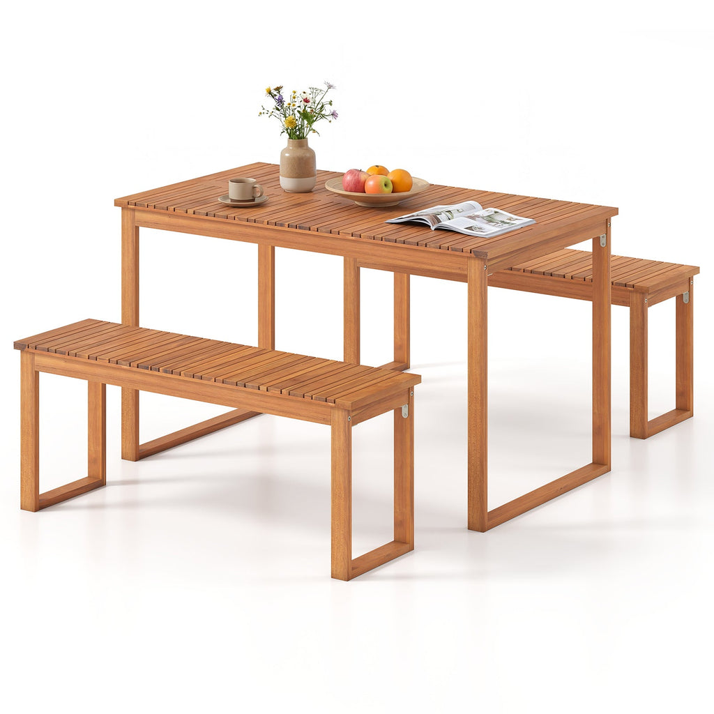 3 Pieces Acacia Wood Picnic Set with Outdoor Dining Table and 2 Benches for 4 People