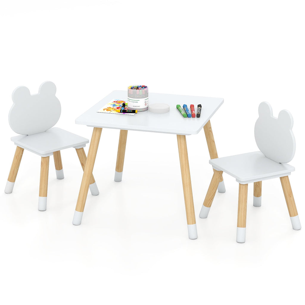 3 Pieces Kids Wooden Table and Chair Set with Cute Froggy Design-White