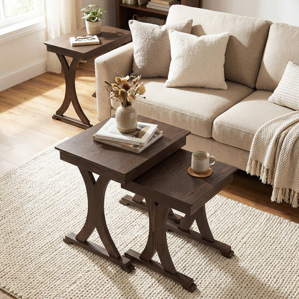 3 Pieces Nesting Coffee Table Side Table with Solid Rubber Wood Legs-Brown