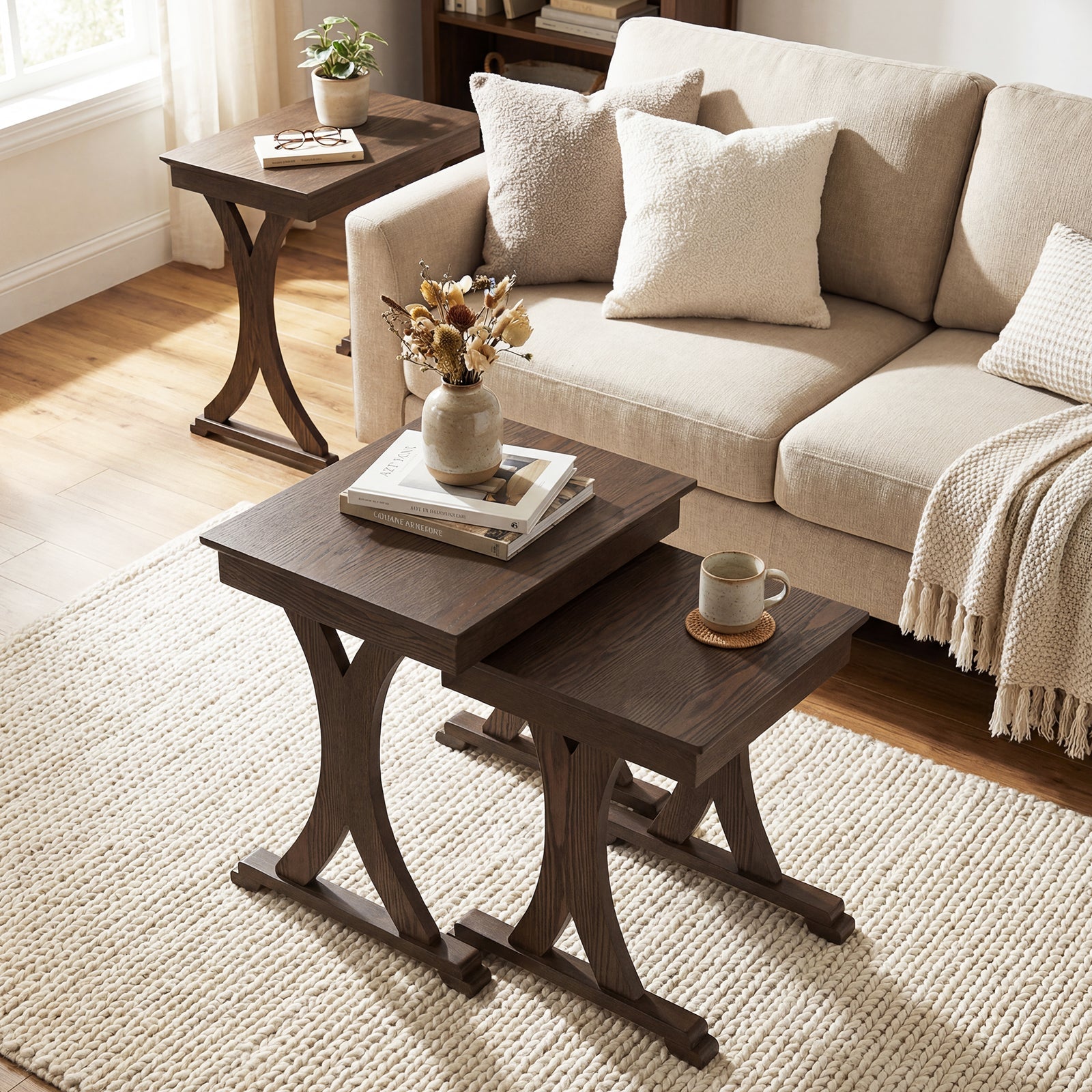 3 Pieces Nesting Coffee Table Side Table with Solid Rubber Wood Legs-Brown