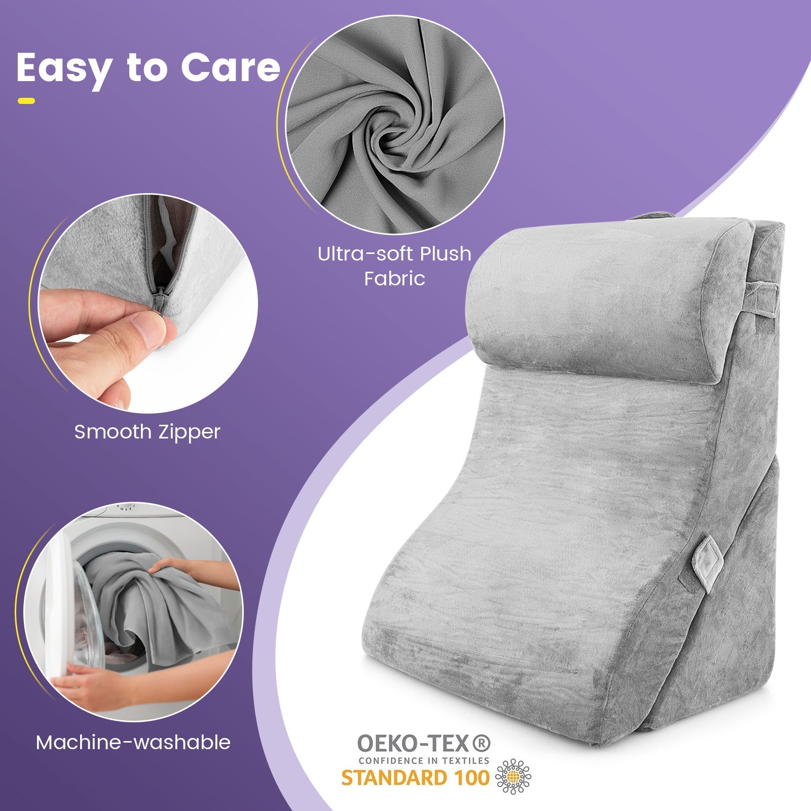 3 Pieces Orthopedic Bed Wedge Pillow Set Adjustable Support for Back Neck-Gray
