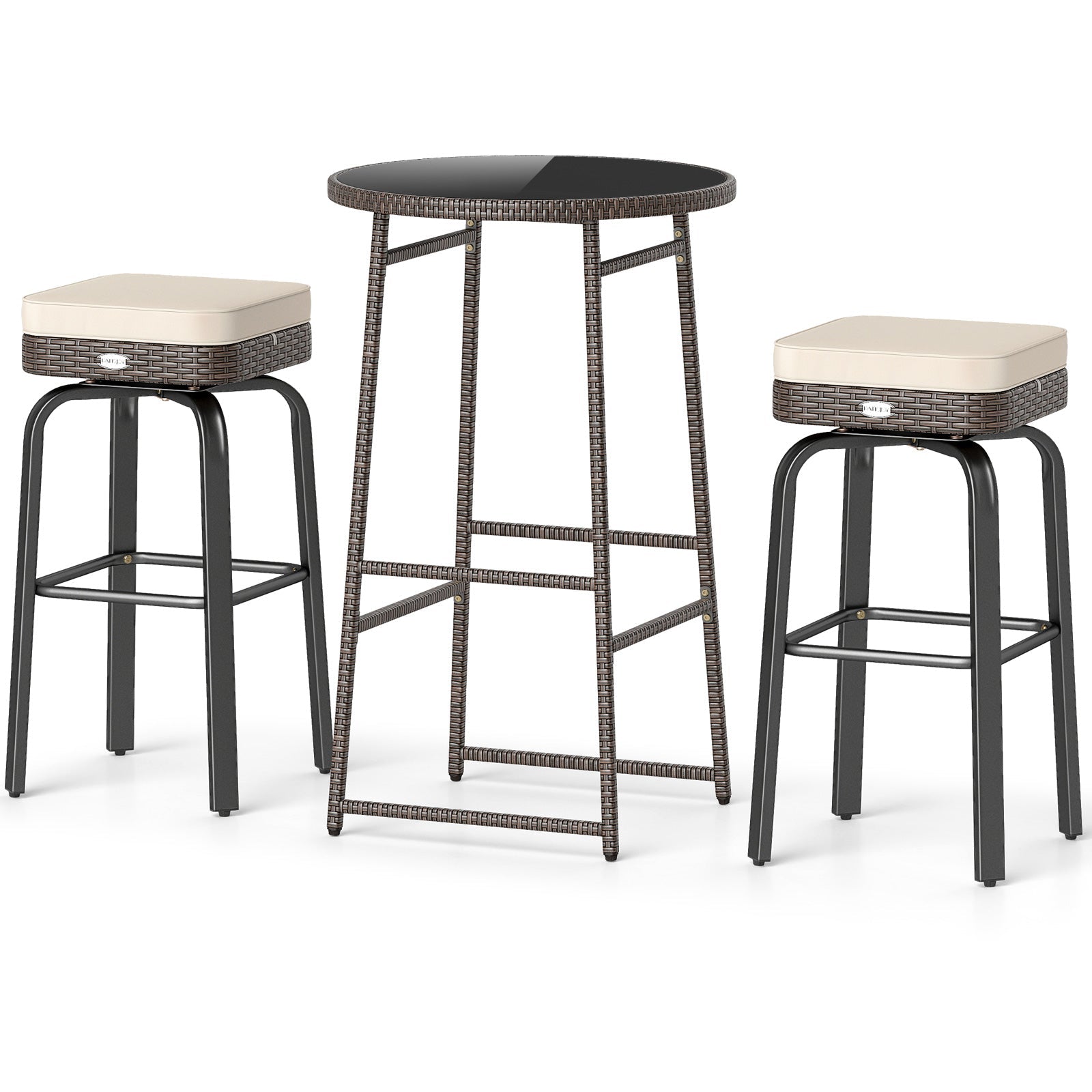 3 Pieces Outdoor Swivel Bar Set PE Rattan Bar Height Table with 2 Chairs-White