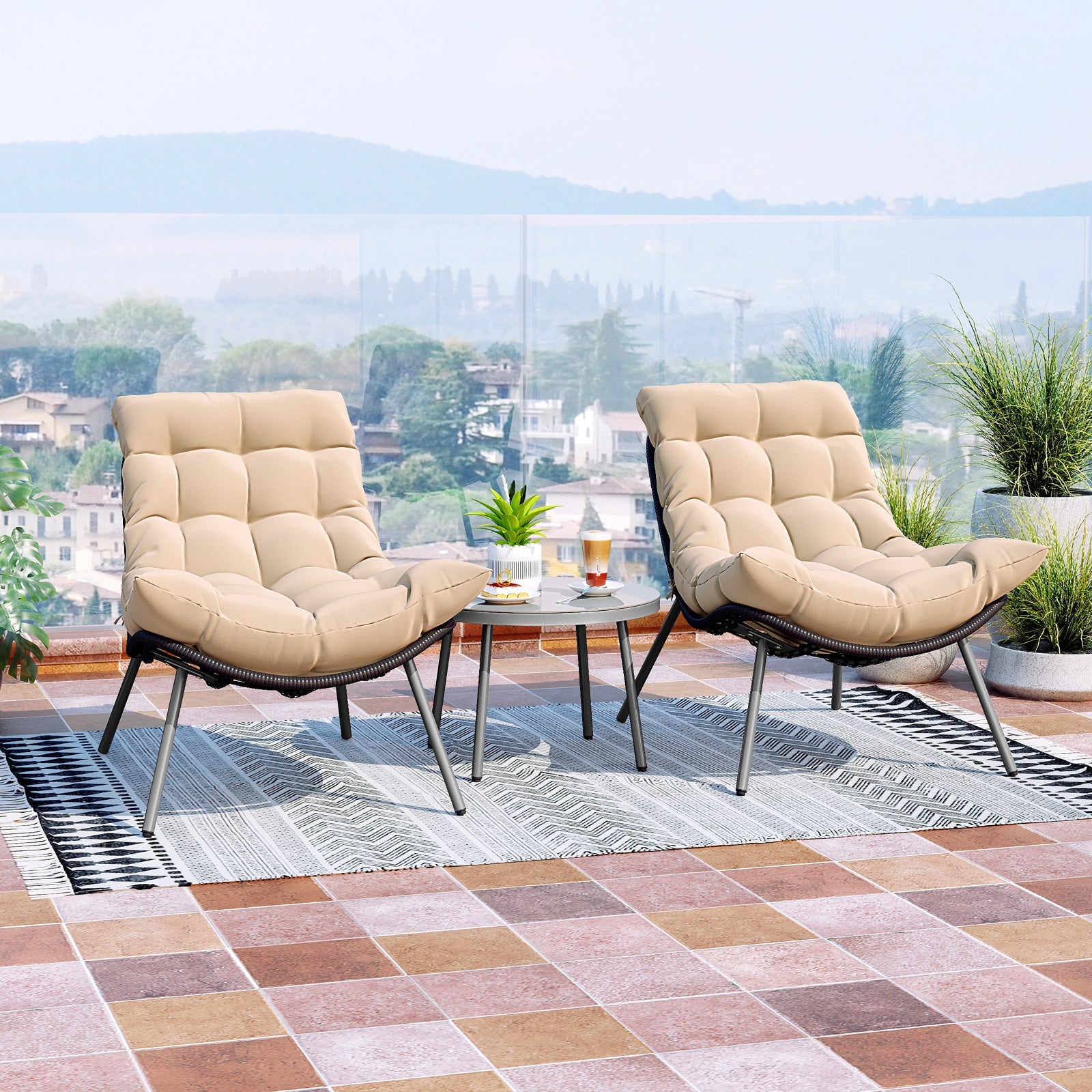 3 Pieces PE Rattan Conversation Set with Cushioned Papasan Chairs-Beige