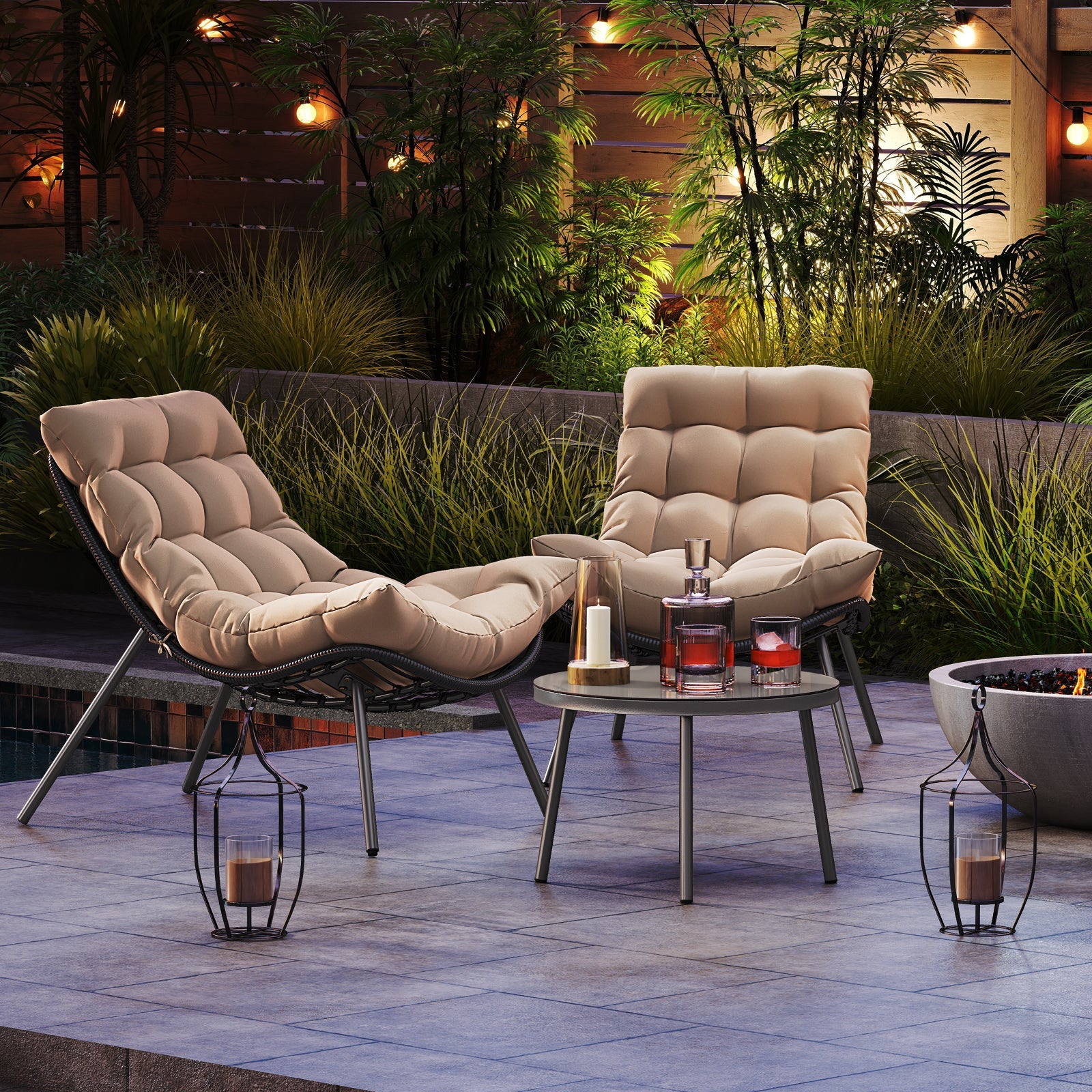 3 Pieces PE Rattan Conversation Set with Cushioned Papasan Chairs-Beige