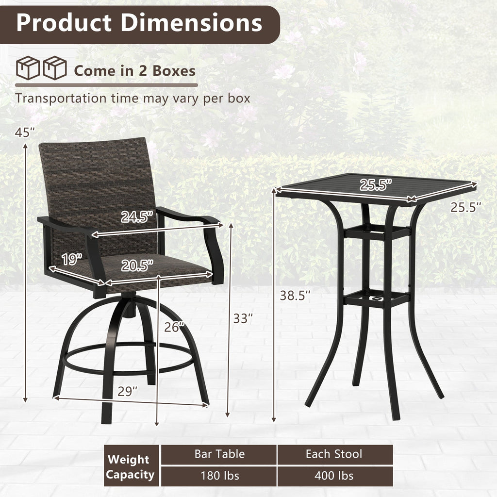 3 Pieces PE Wicker Patio Swivel Bar Set with Quick-Drying Foam-Black