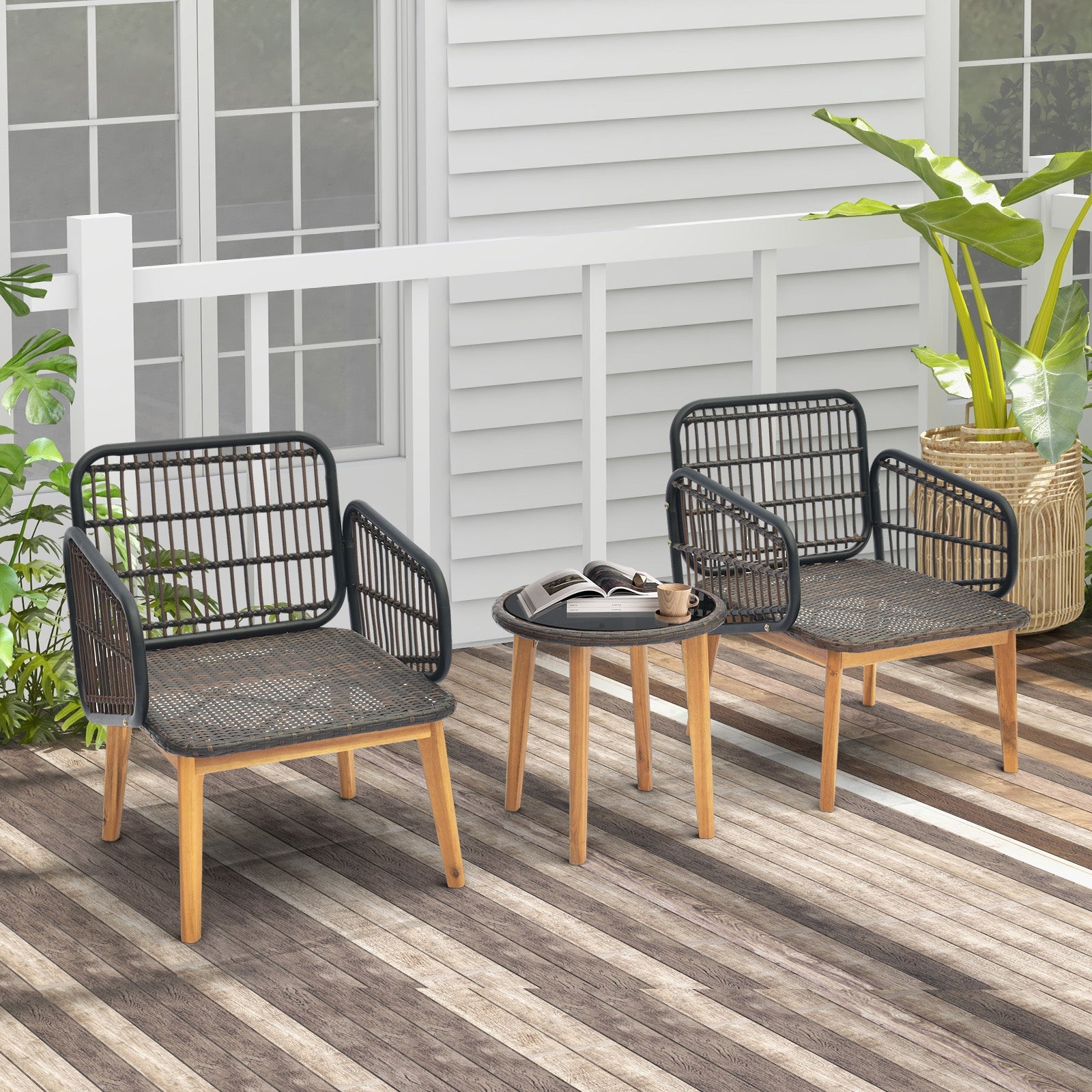 3 Pieces Patio Furniture Set with Cushioned Chairs and Tempered Glass Side Table