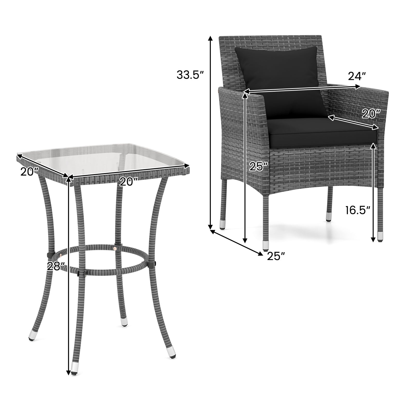 3 Pieces Patio Furniture Set with Cushioned Patio Chairs and Tempered Glass Coffee Table