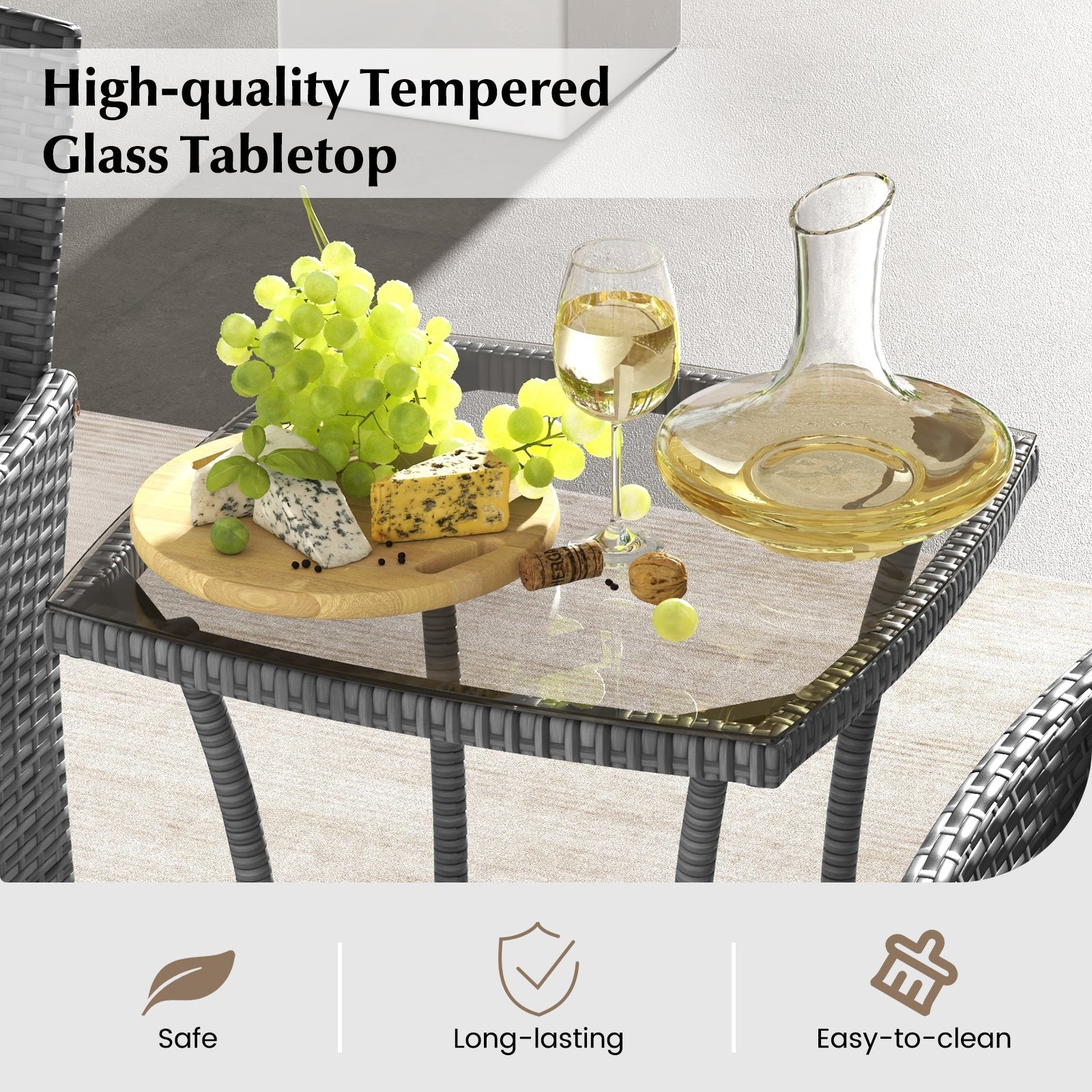 3 Pieces Patio Furniture Set with Cushioned Patio Chairs and Tempered Glass Coffee Table