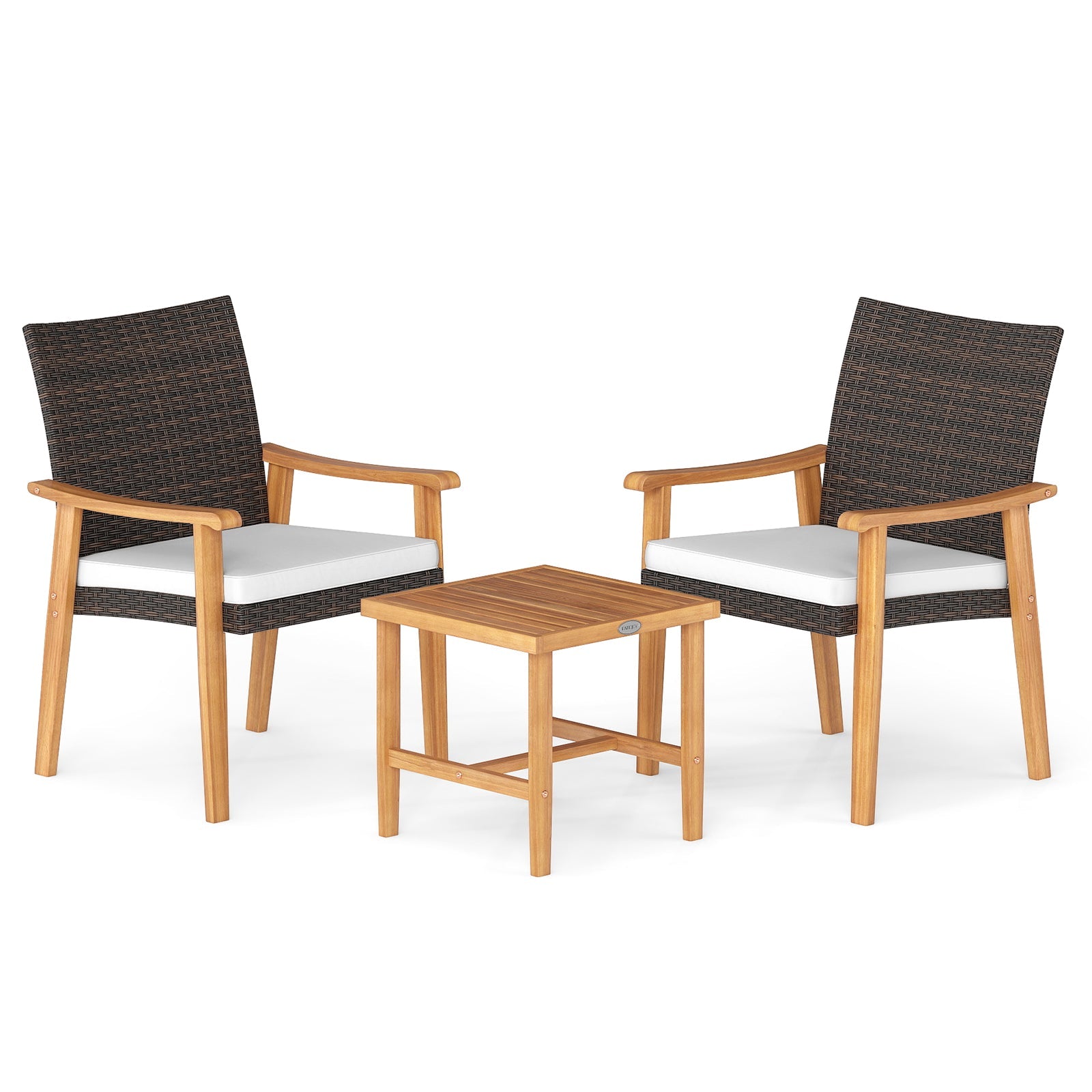 3 Pieces Patio PE Wicker Furniture Set Acacia Wood Outdoor Conversation Bistro Set-White