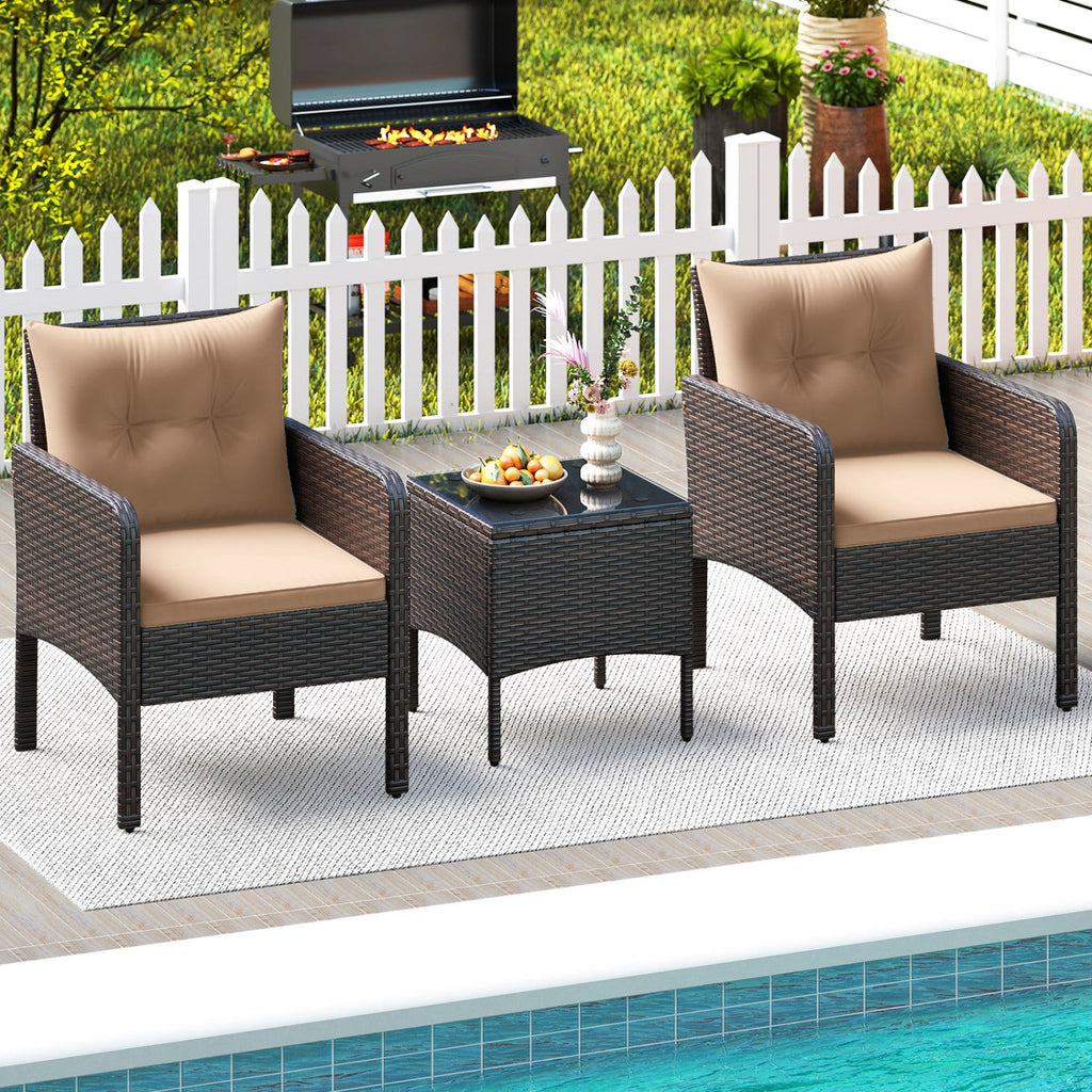 3 Pieces Patio PE Wicker Furniture Set with Cushions for Porch and Balcony