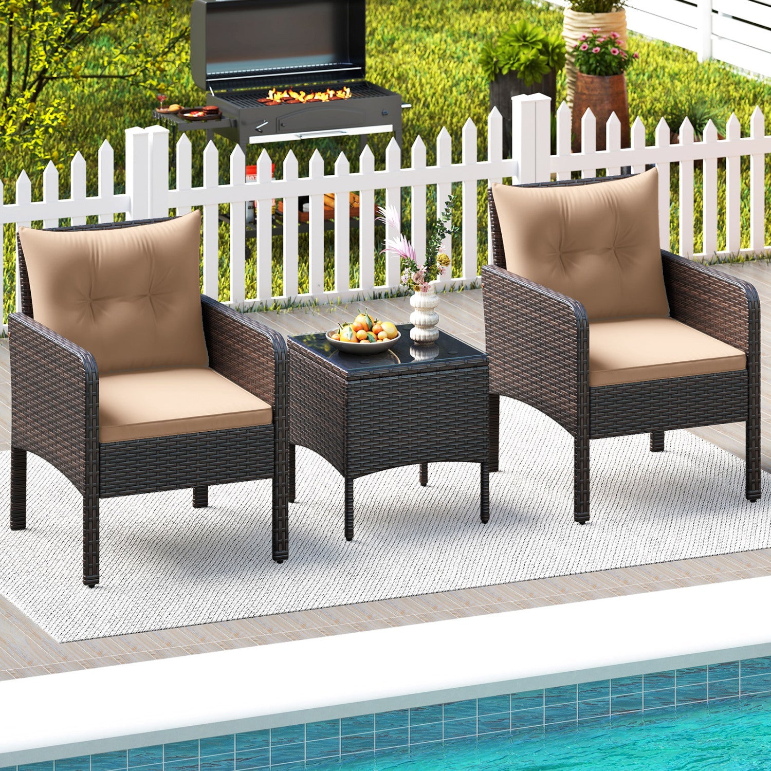 3 Pieces Patio PE Wicker Furniture Set with Cushions for Porch and Balcony