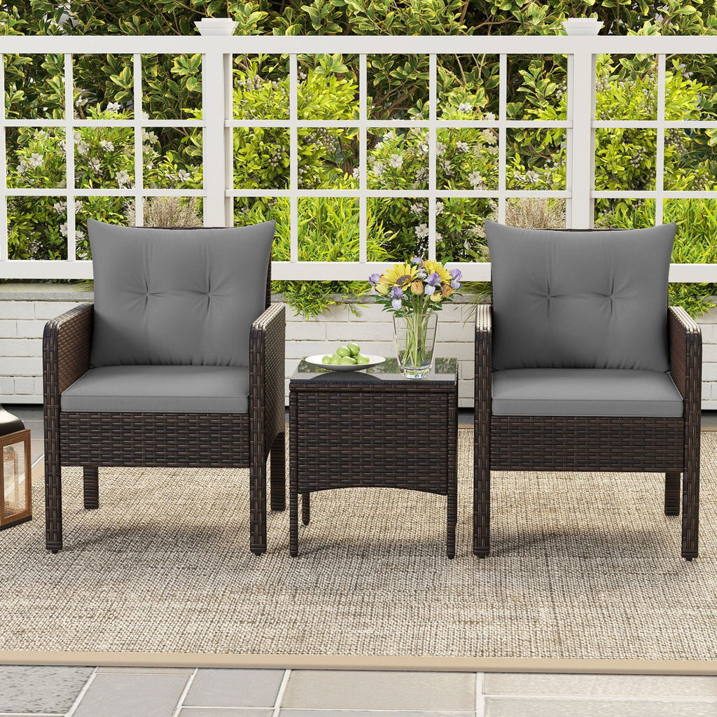 3 Pieces Patio PE Wicker Furniture Set with Cushions for Porch and Balcony