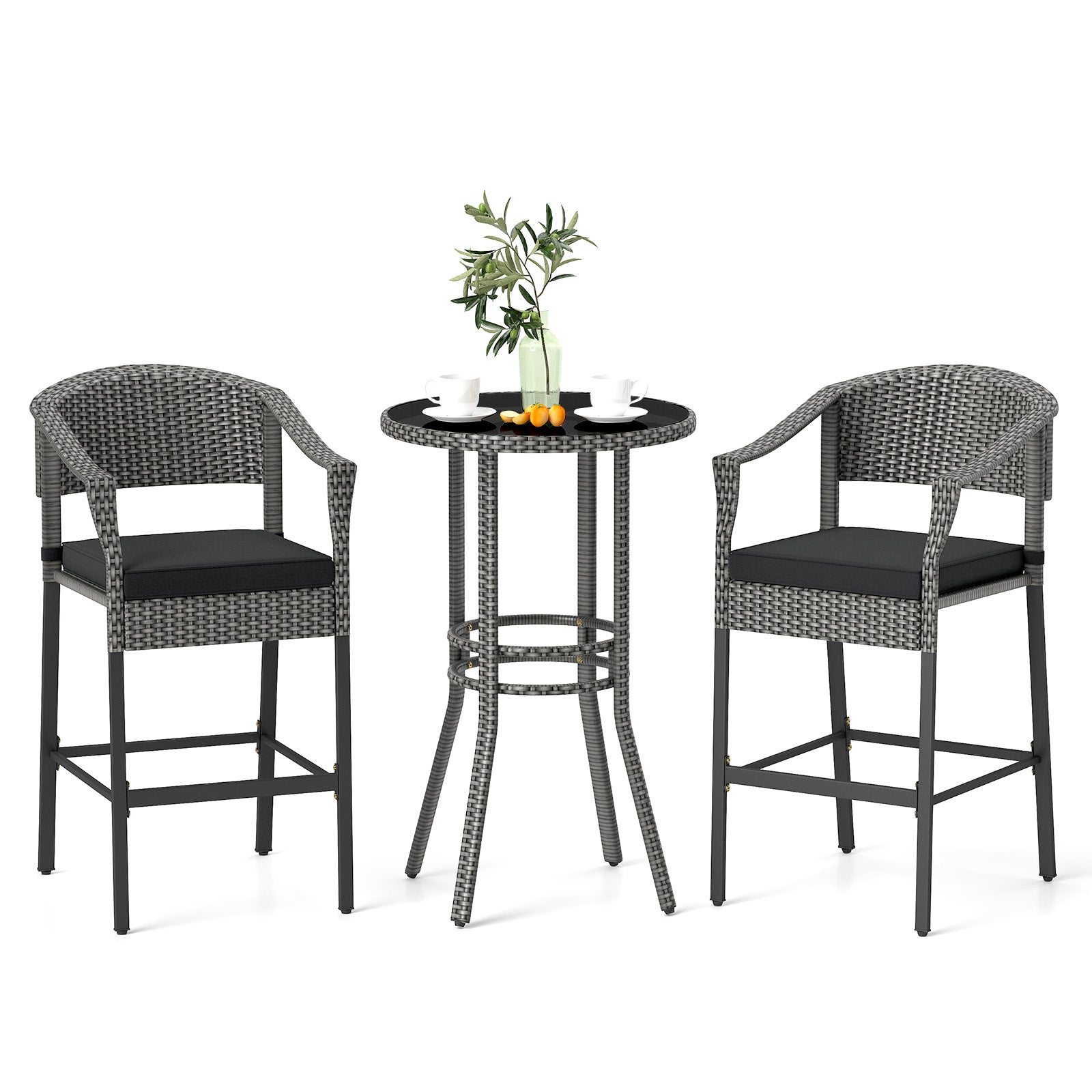 3-Piece Patio Rattan Bar Set with Tempered Glass Top for Backyard Poolside