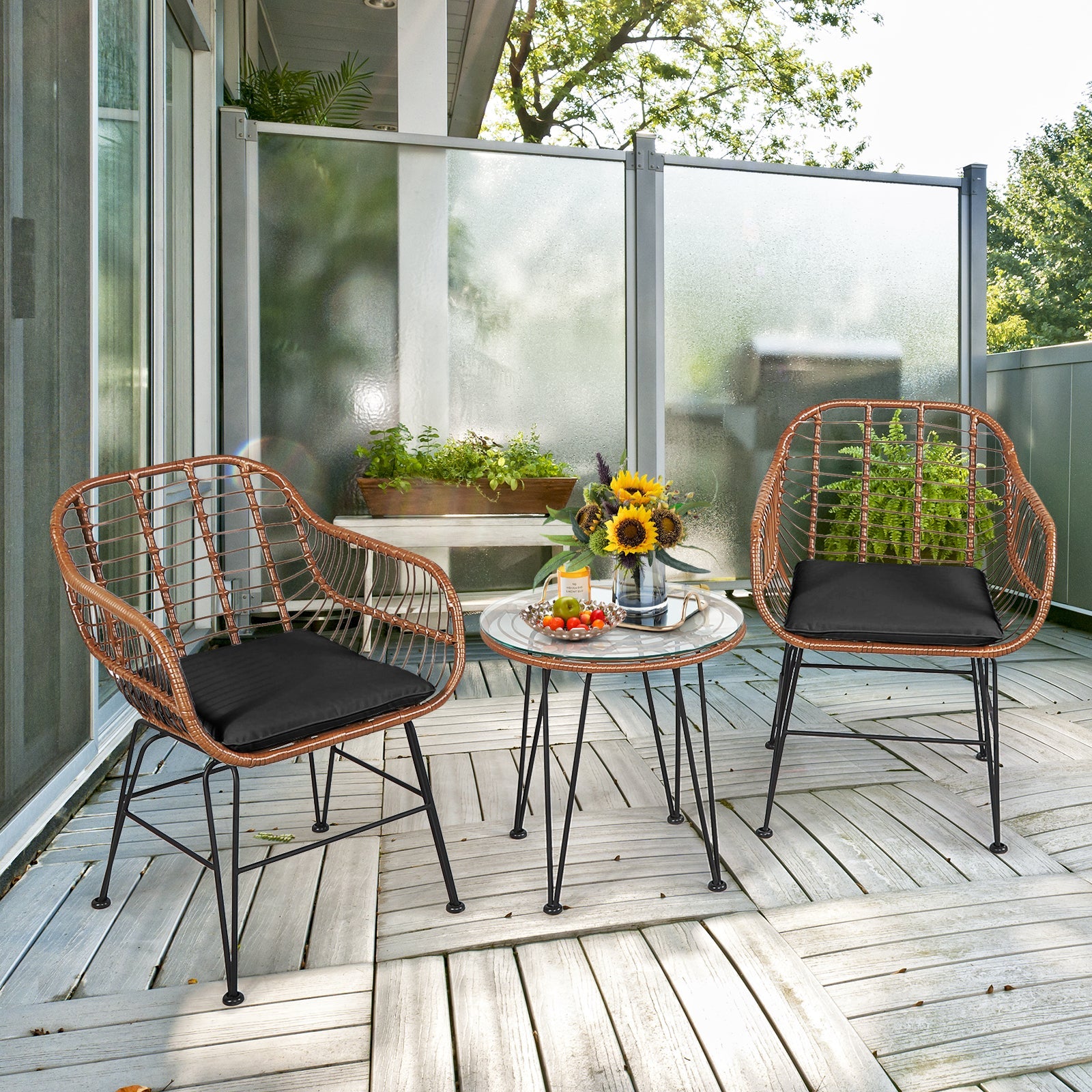 3 Pieces Patio Rattan Bistro Set with Cushion