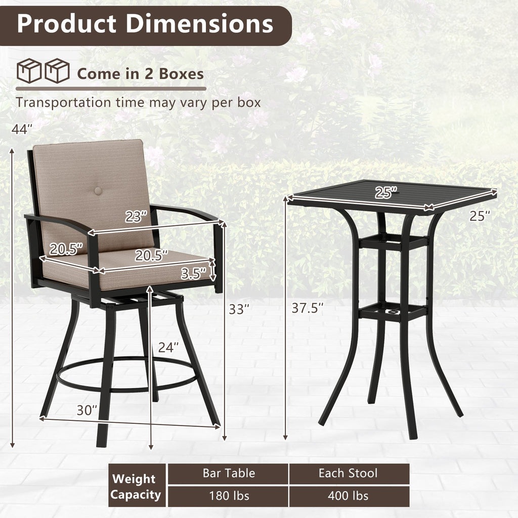 3 Pieces Patio Swivel Bar Set with Soft Cushions and Umbrella Hole-Brown