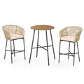 3 Pieces Rope Woven Patio Bar Set with Soft Cushions and Acacia Wood Tabletop-Beige
