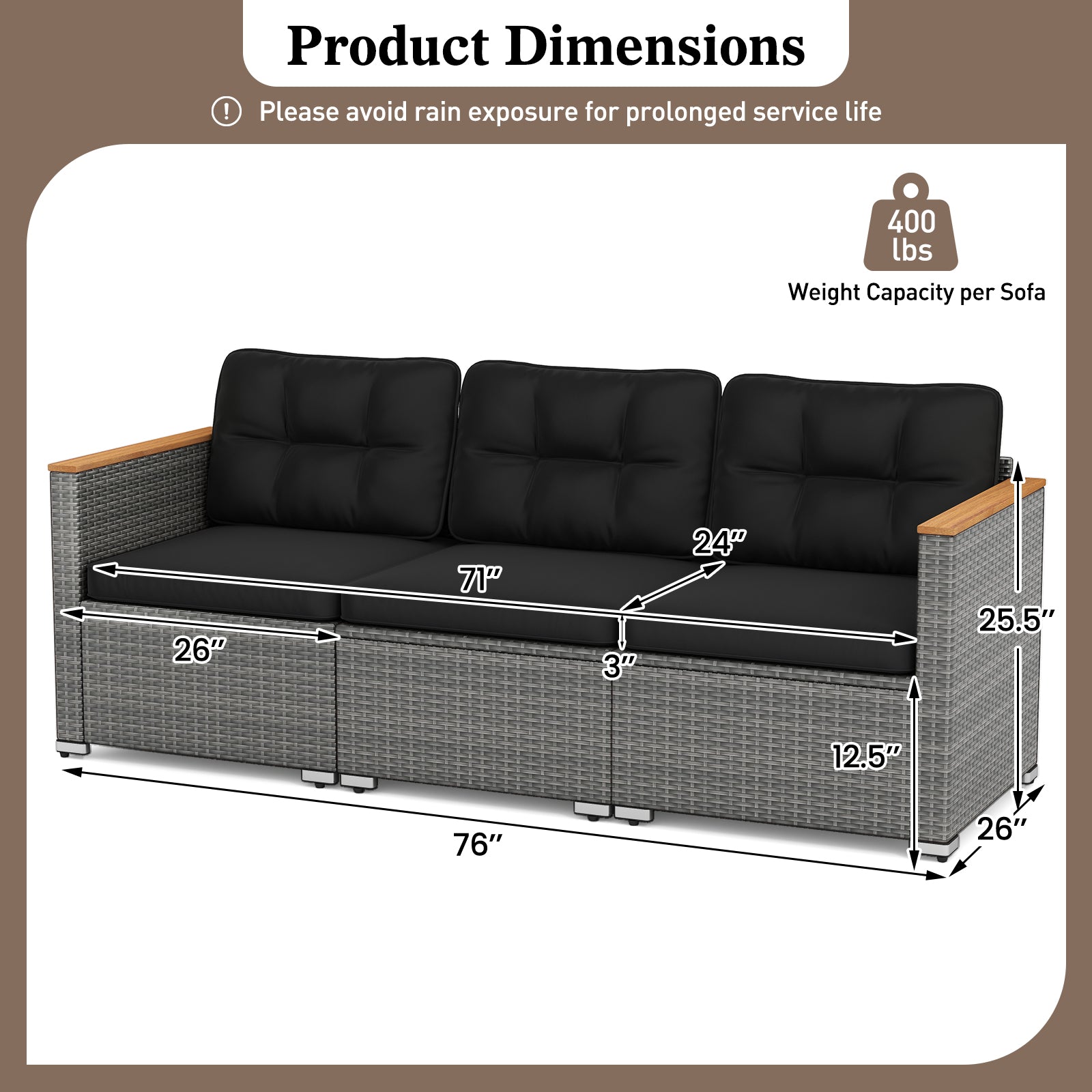 3-Seat Patio Couch Sofa PE Rattan Loveseat Furniture Set with Deep Seating and Cushion-Mix Grey