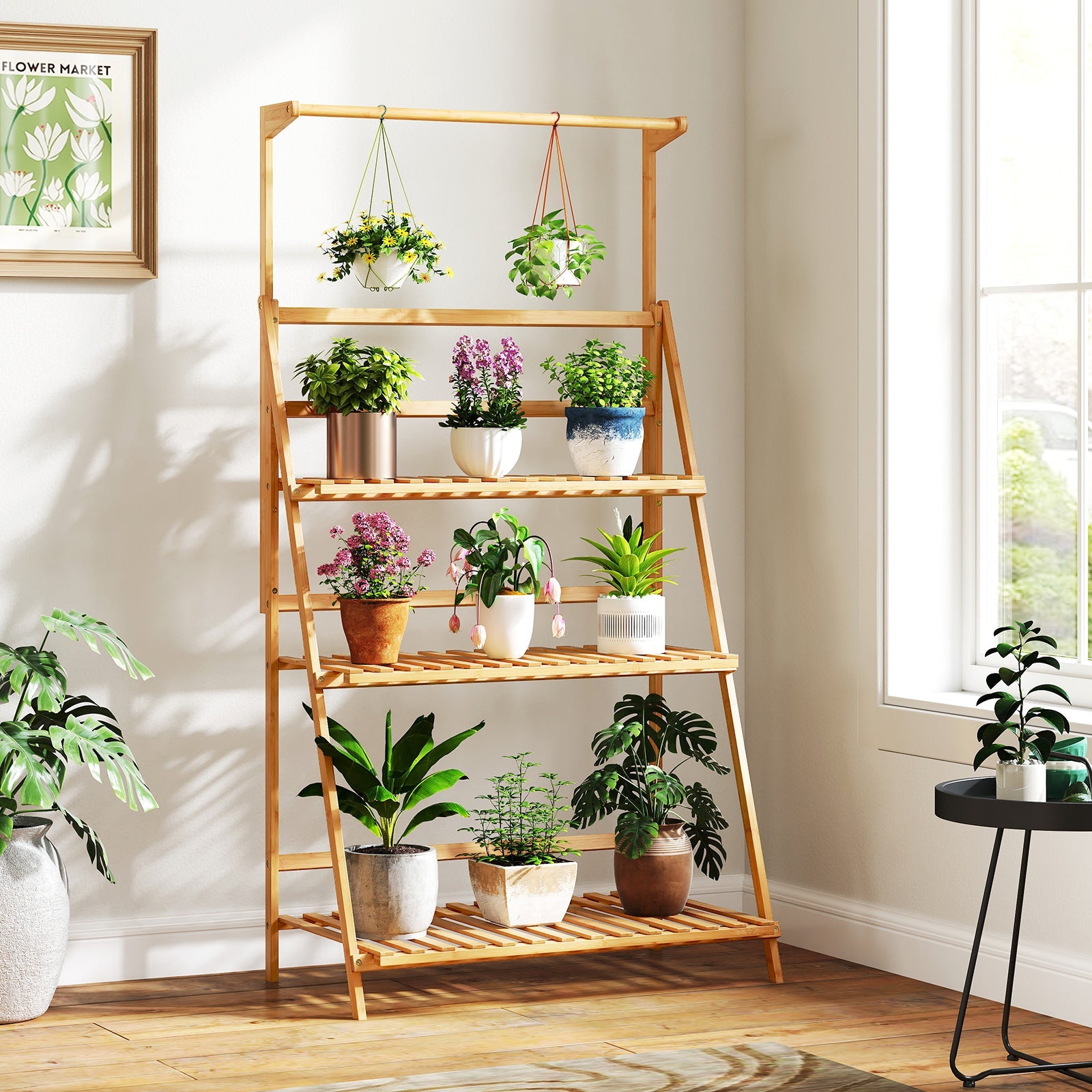 3 Tier Bamboo Hanging Plant Stand with Height Adjustable Hanger Rod-Natural