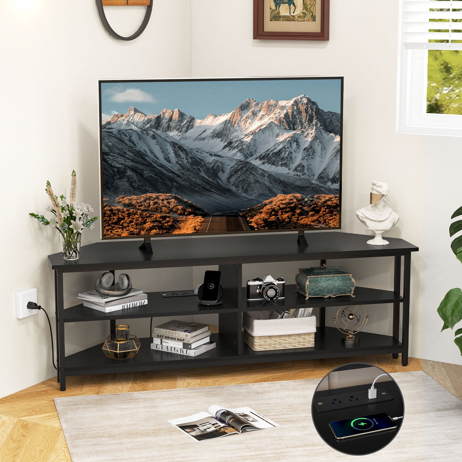 3-Tier Corner TV Stand for TVs up to 65 Inches with Charging Station