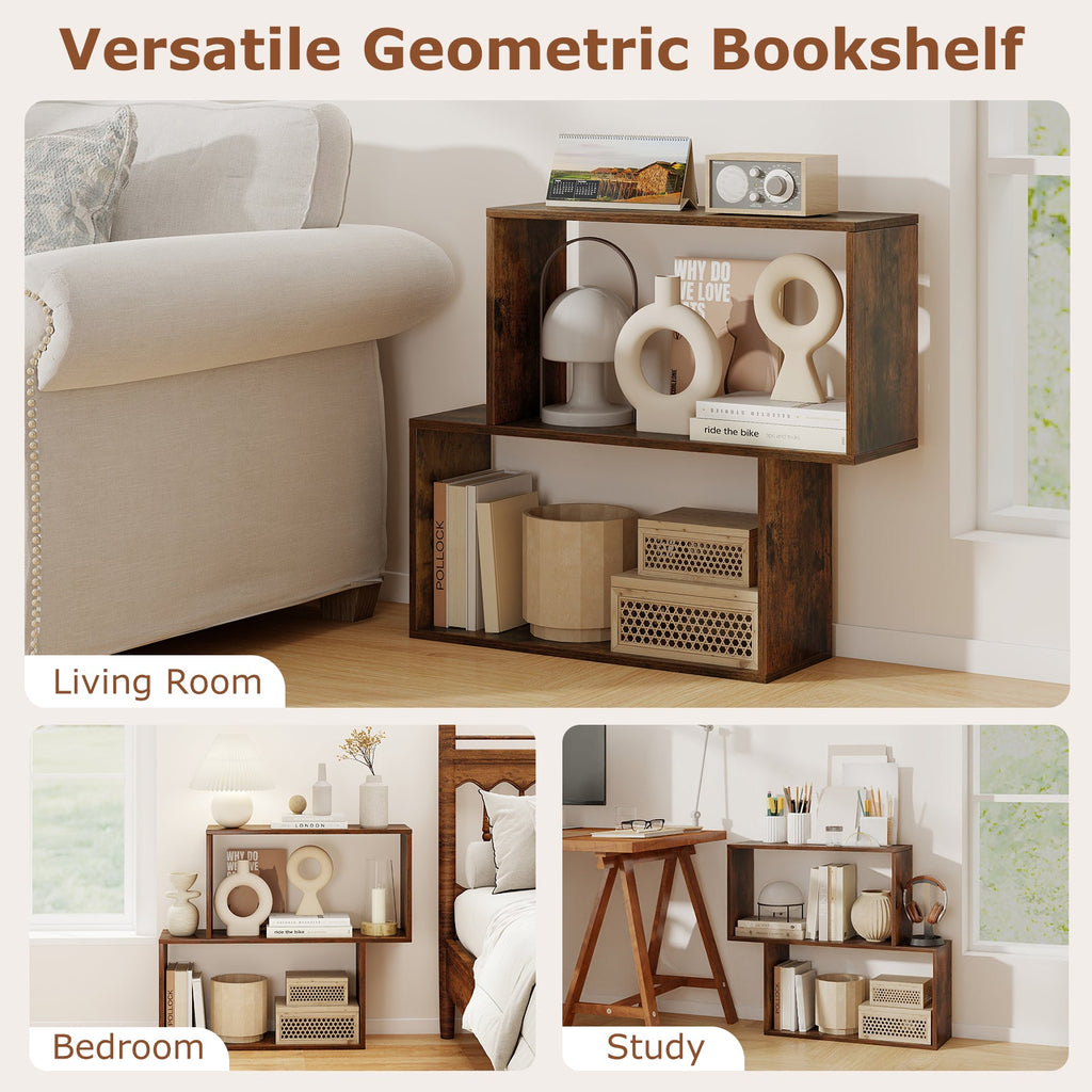3-Tier Geometric Bookshelf Freestanding Wooden Bookcase with 2 Cubic Compartments-Brown
