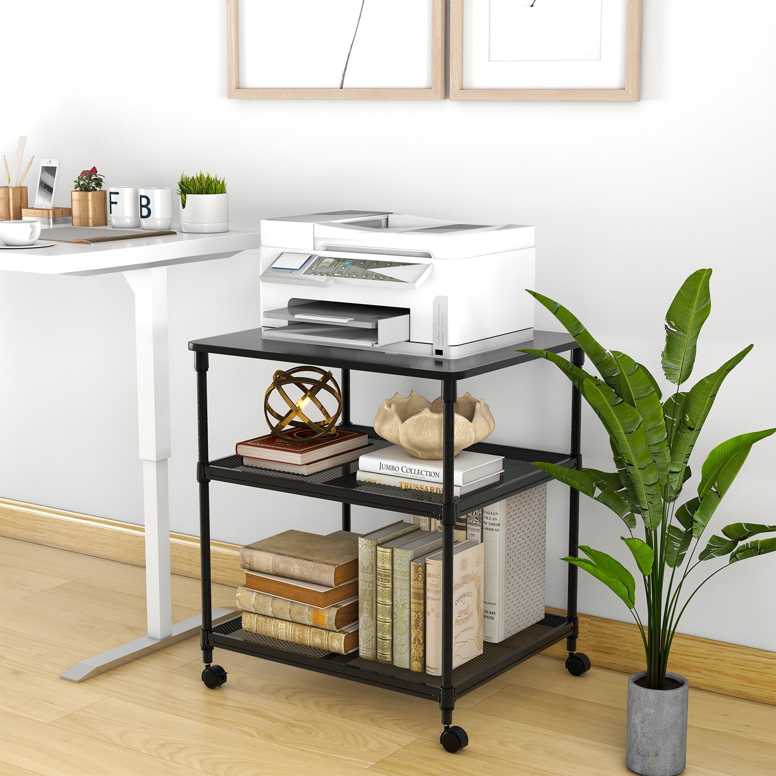 3 Tier Printer Stand Rolling Fax Cart with Adjustable Shelf and Swivel Wheels