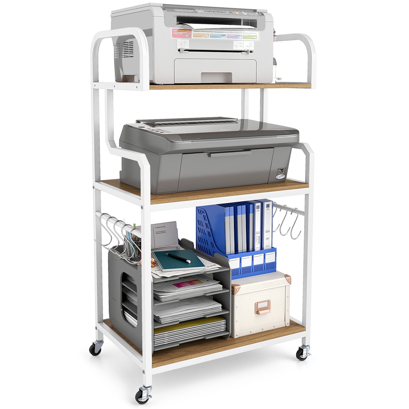 3-Tier Rolling Printer Stand Home Office Large Printer Cart with Storage Shelves