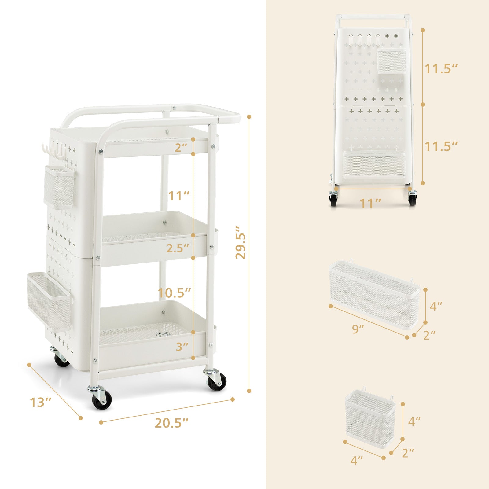 3-Tier Utility Storage Cart with DIY Pegboard Baskets