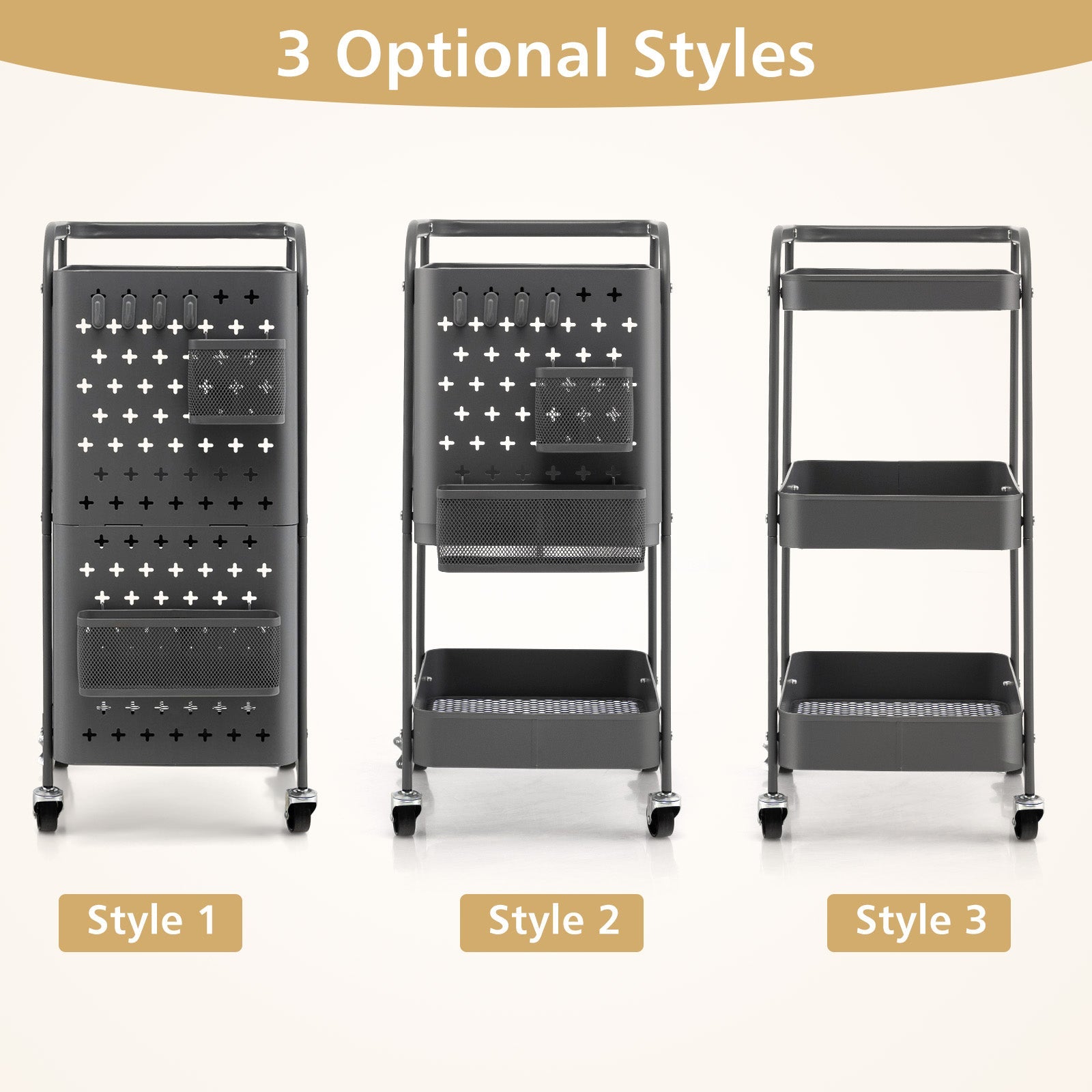 3-Tier Utility Storage Cart with DIY Pegboard Baskets