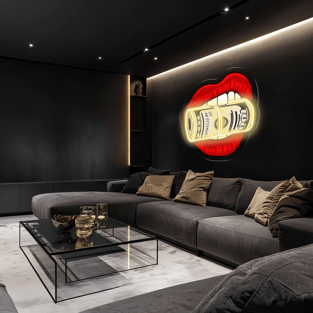 Kiss Dollars LED Neon Wall Sign - Clear Acrylic Backing Gaming Contemporary Decor
