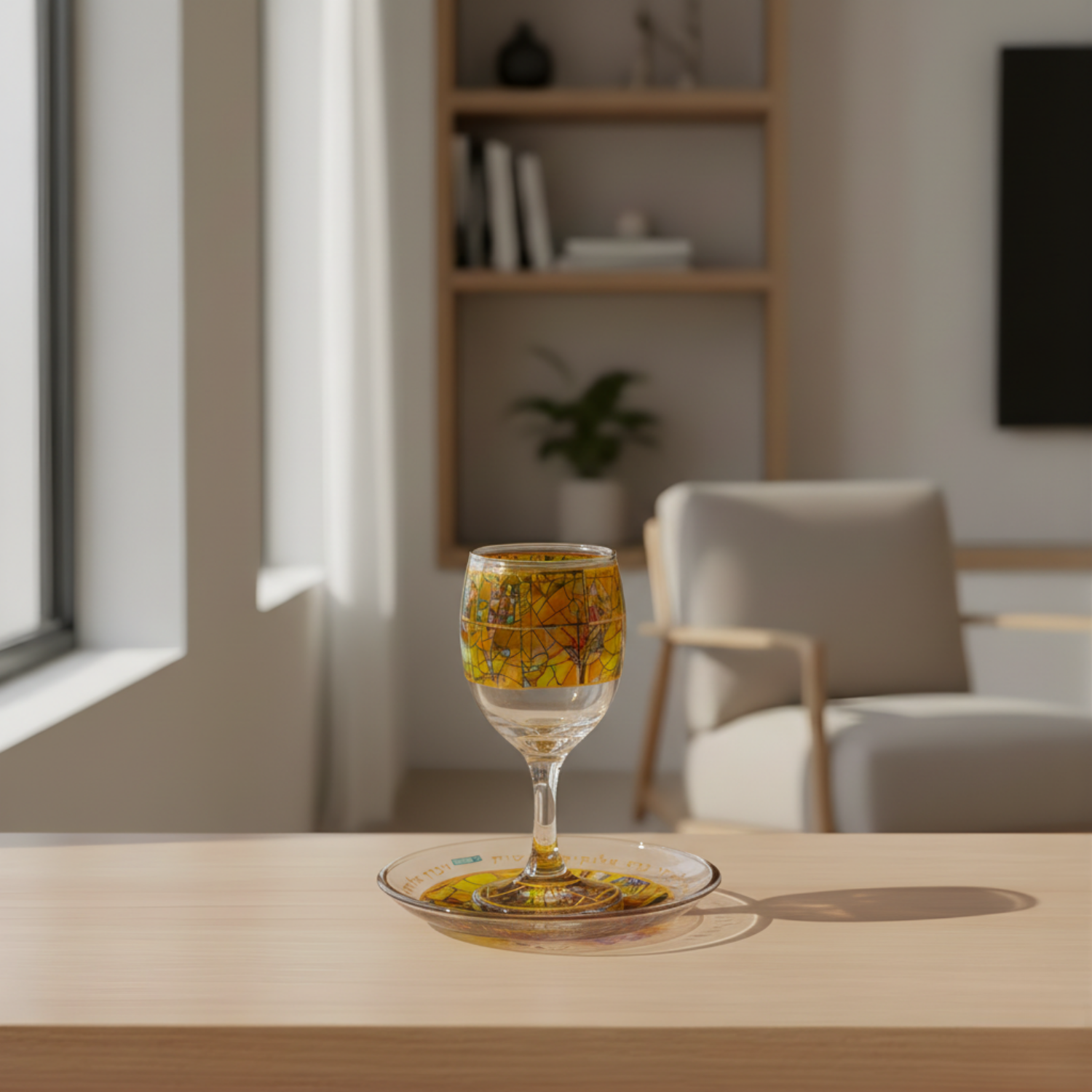 Chagall-Inspired Kiddush Cup with Laser Engraving and Base – Chagall Glass Series