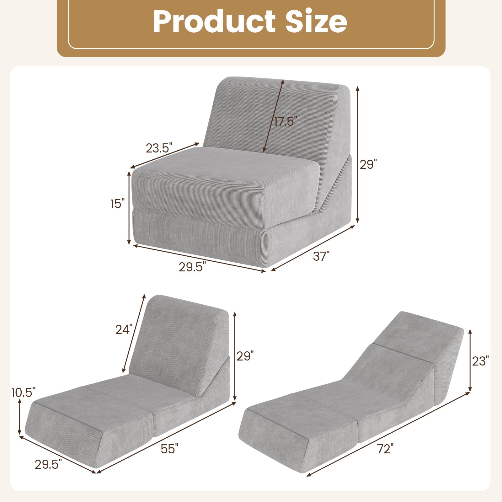 3-in-1 Folding Sofa Bed with Washable Zippered Cover-Gray