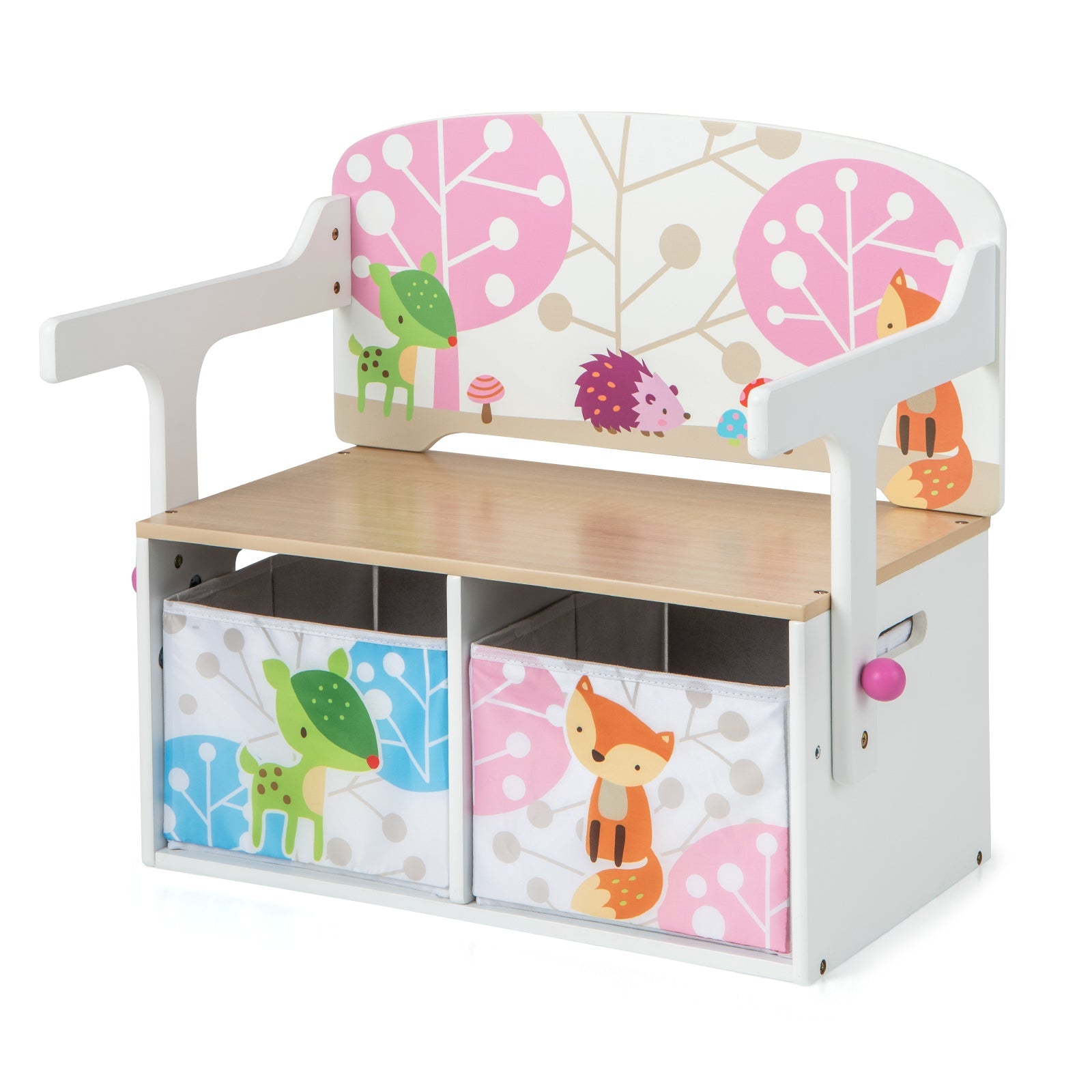 3 in 1 Kids Convertible Activity Bench with 2 Removable Fabric Bins