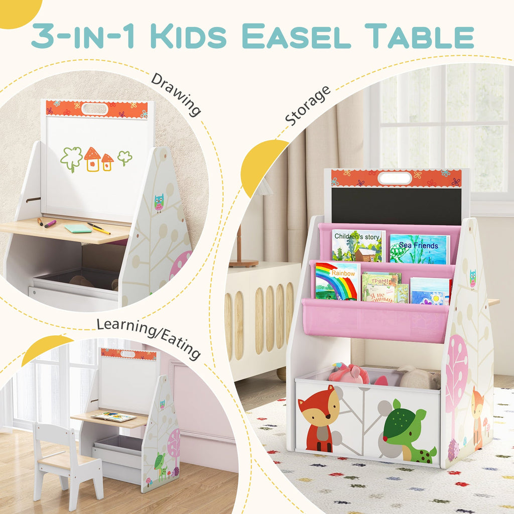 3 in 1 Kids Easel and Play Station Convertible with Chair and Storage Bins