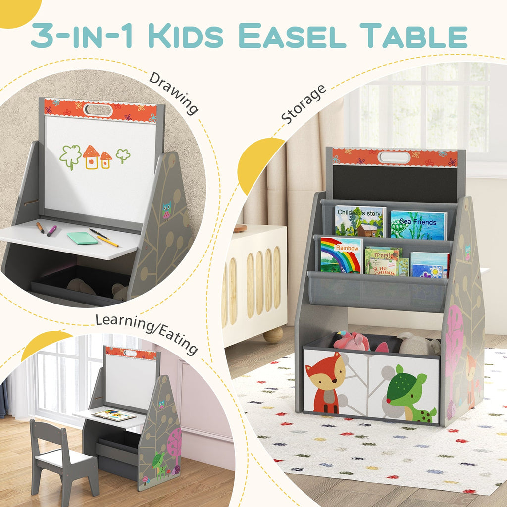 3 in 1 Kids Easel and Play Station Convertible with Chair and Storage Bins