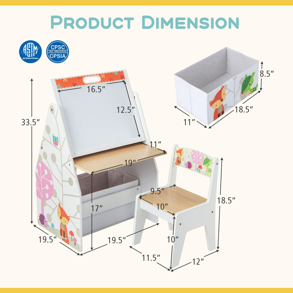 3 in 1 Kids Easel and Play Station Convertible with Chair and Storage Bins