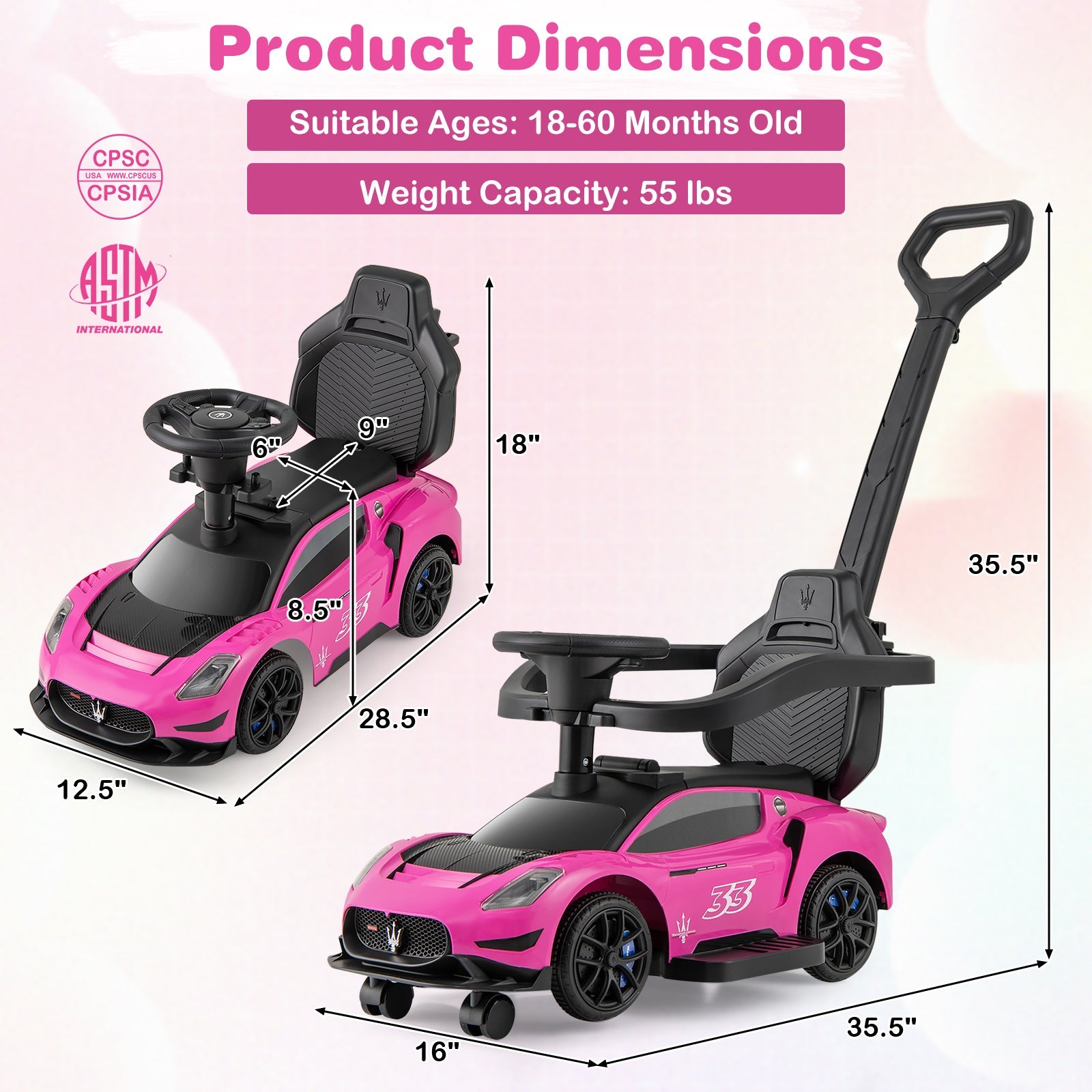 3-in-1 Ride on Push Car Maserati Licensed Sliding Car with Music
