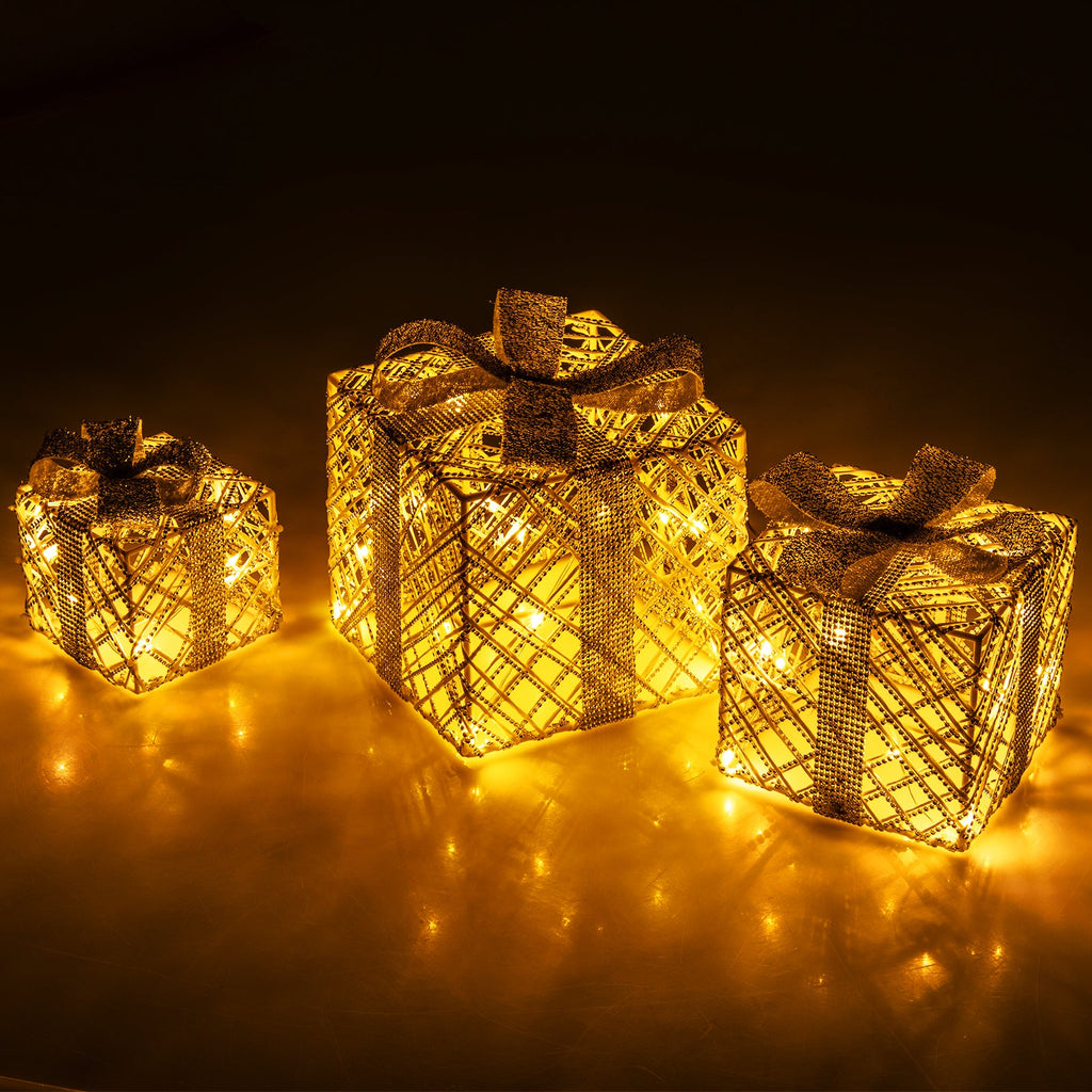 3 Pack Christmas Lighted Gift Box with 50 LED Lights and Detachable Bows