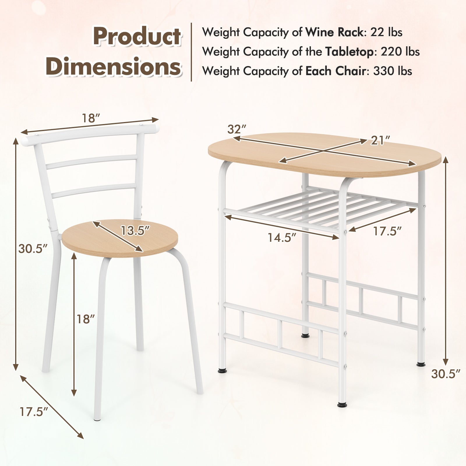 3 pcs Home Kitchen Bistro Pub Dining Table 2 Chairs Set
