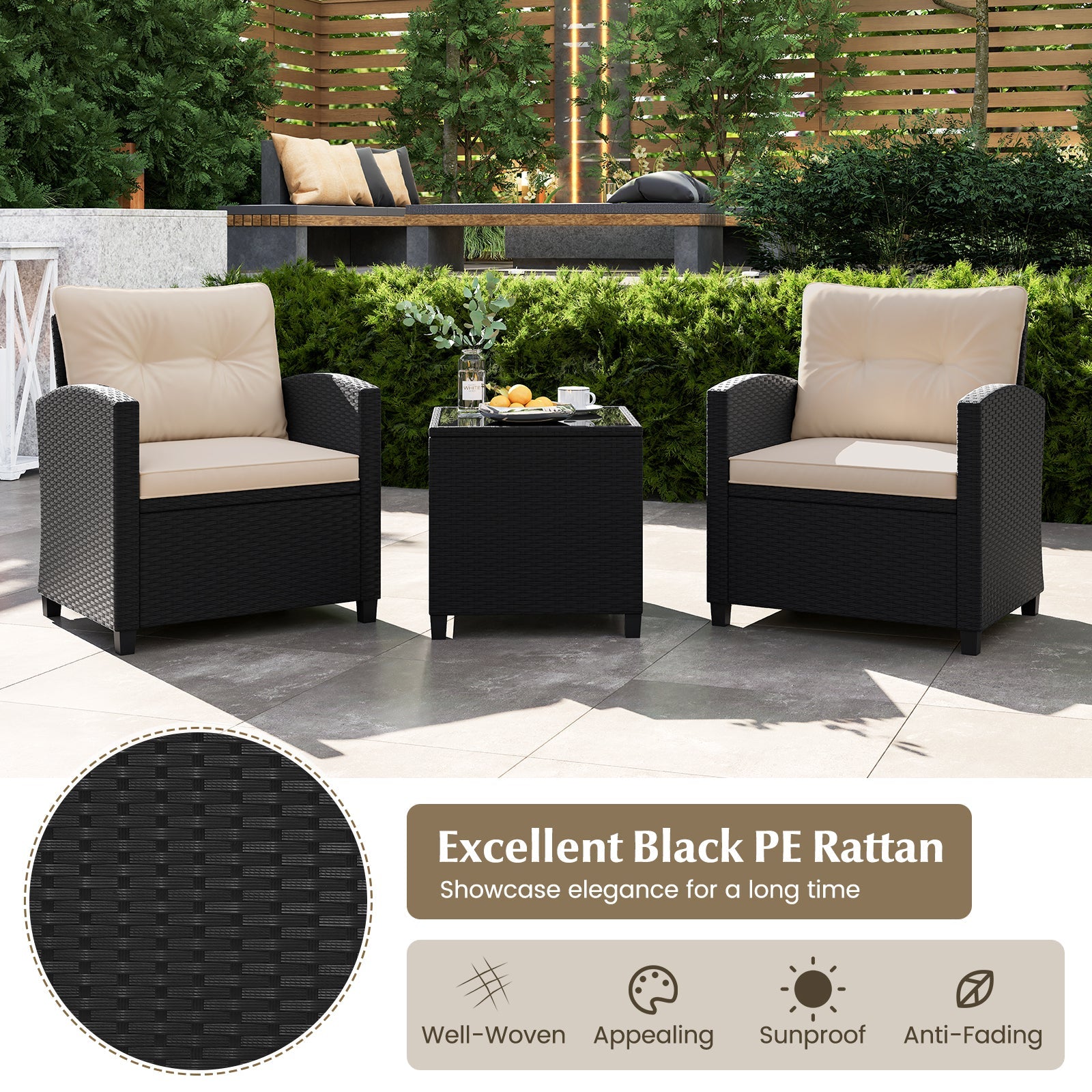 3 Pieces Patio Furniture Set with Tempered Glass Coffee Table