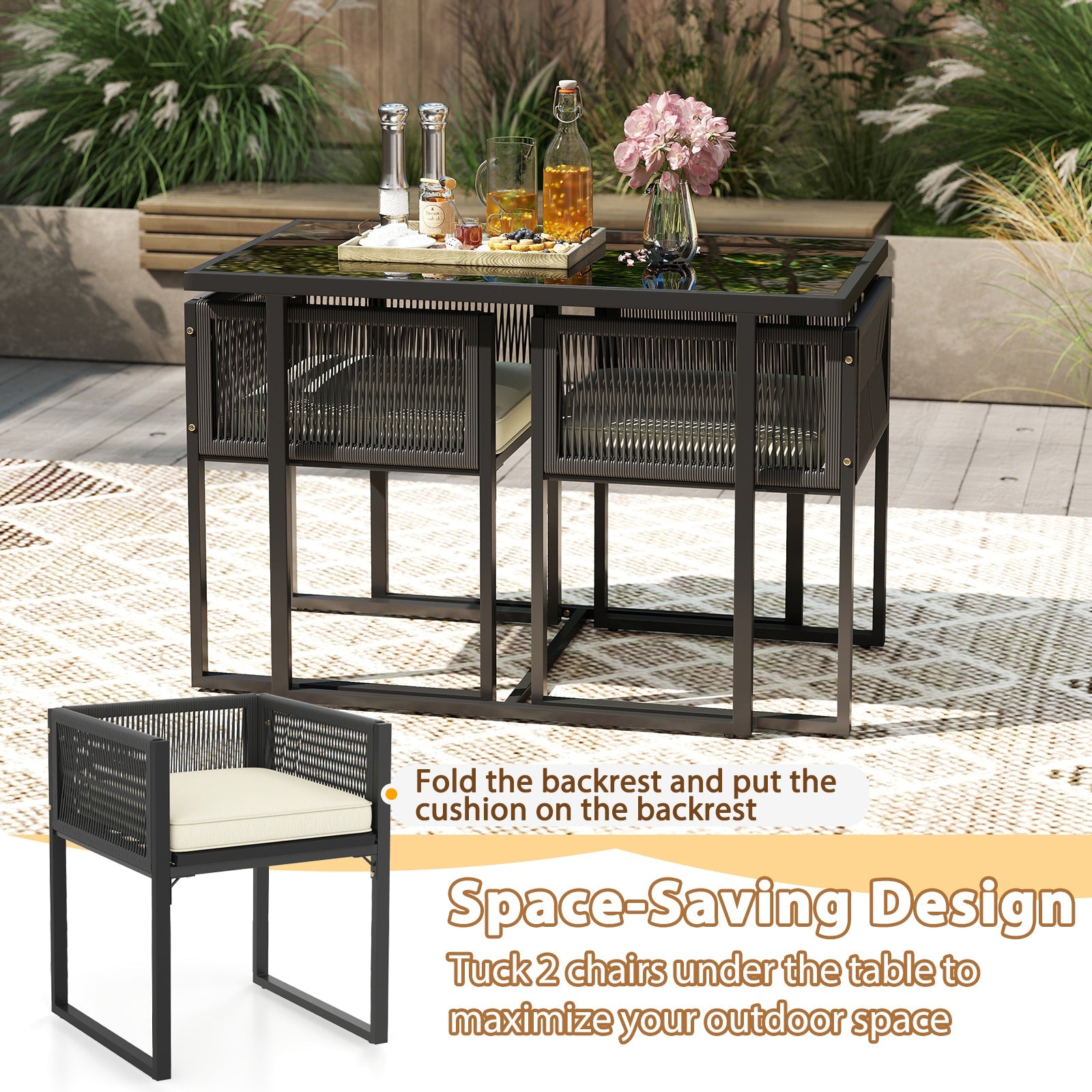 3 Pieces Patio Tempered Glass Top Table and Chairs Set for Porch Backyard-White