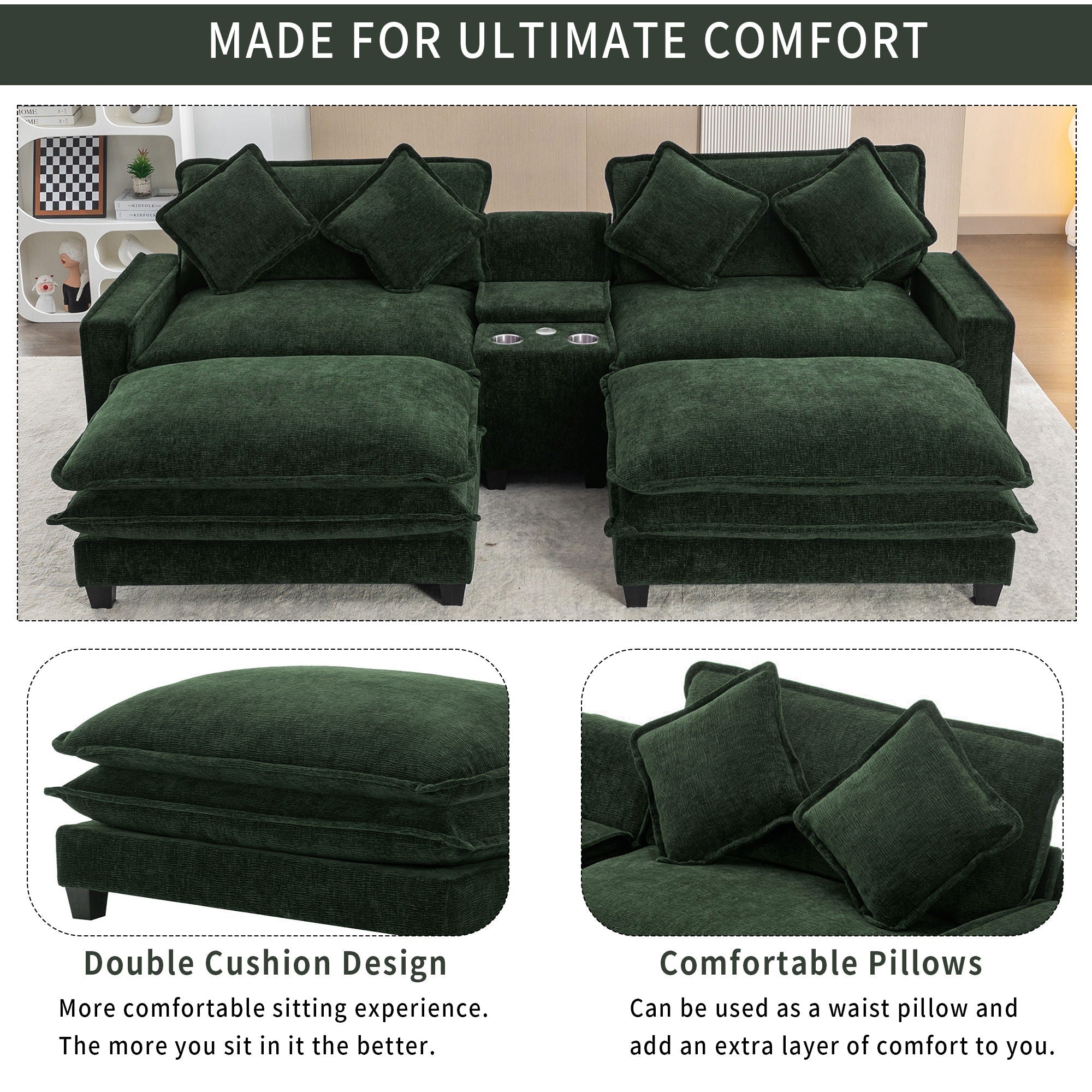 Sectional Sofa Upholstered Sofa With Two Removable Ottoman, Two USB Ports, Two Cup Holders And Large Storage Box For Living Room