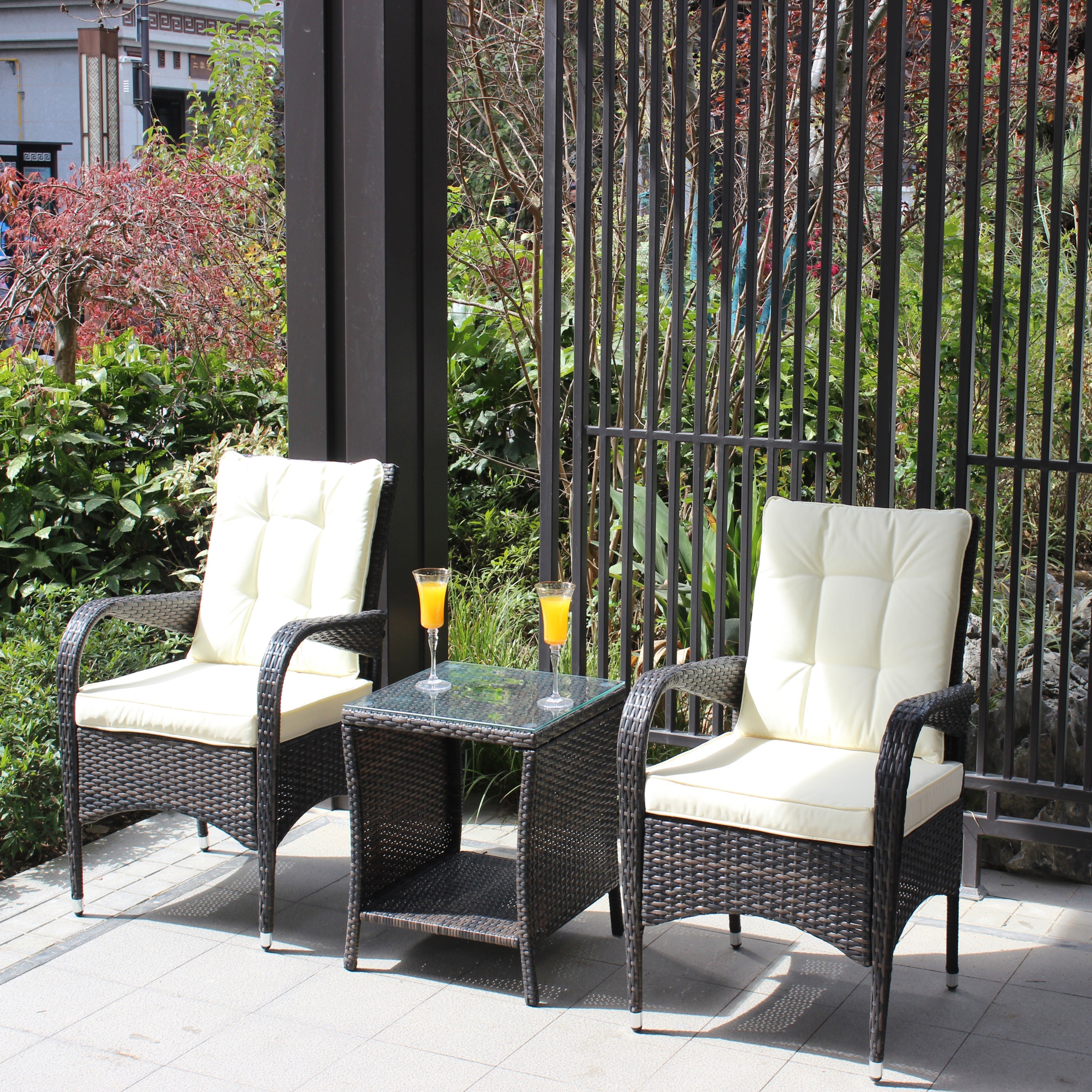 Outdoor Conversation Set PE Rattan Steel Brown Beige Cushion 3 Piece